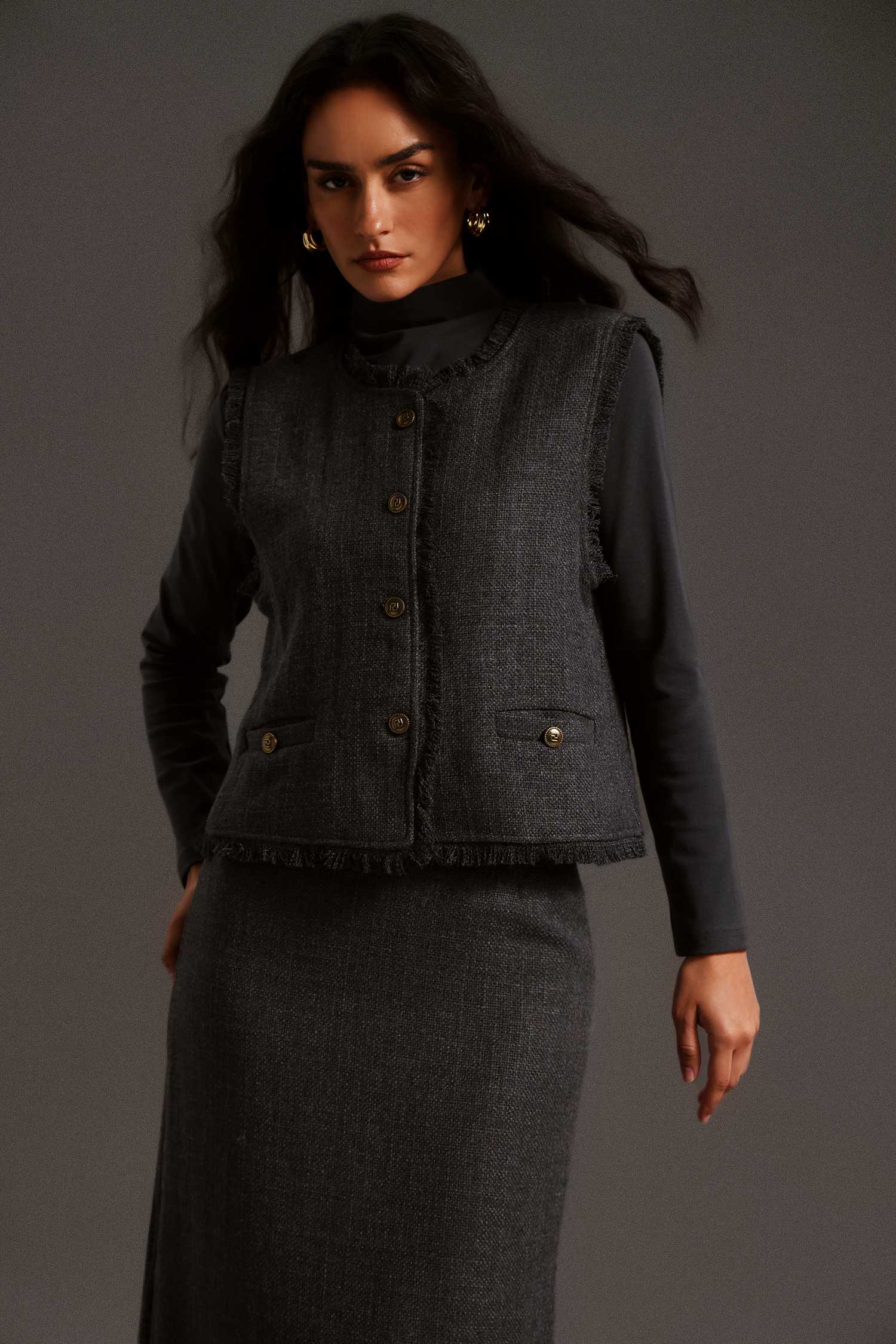 Xenia Long Sleeves Vest Skirt Set