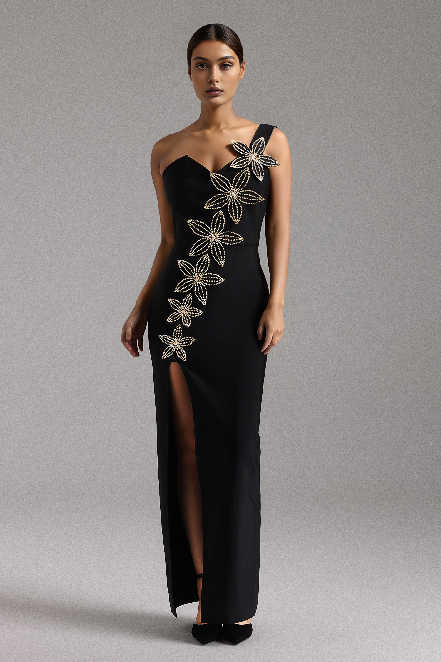 Monroe One-shoulder V-neck Floral Bandage Maxi Dress