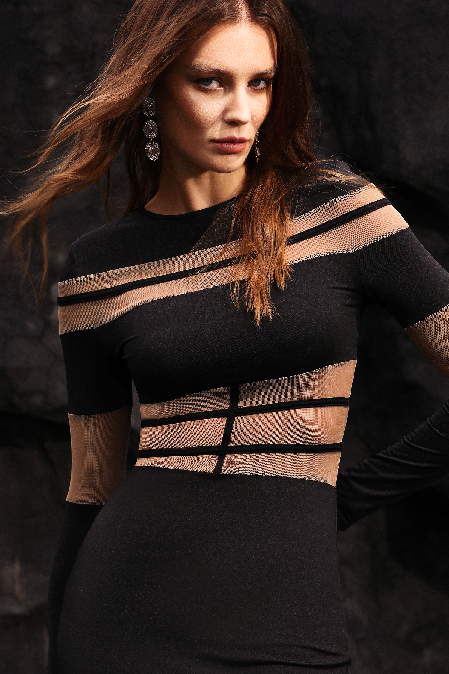 Xynia Long Sleeves Netting Bandage Midi Dress