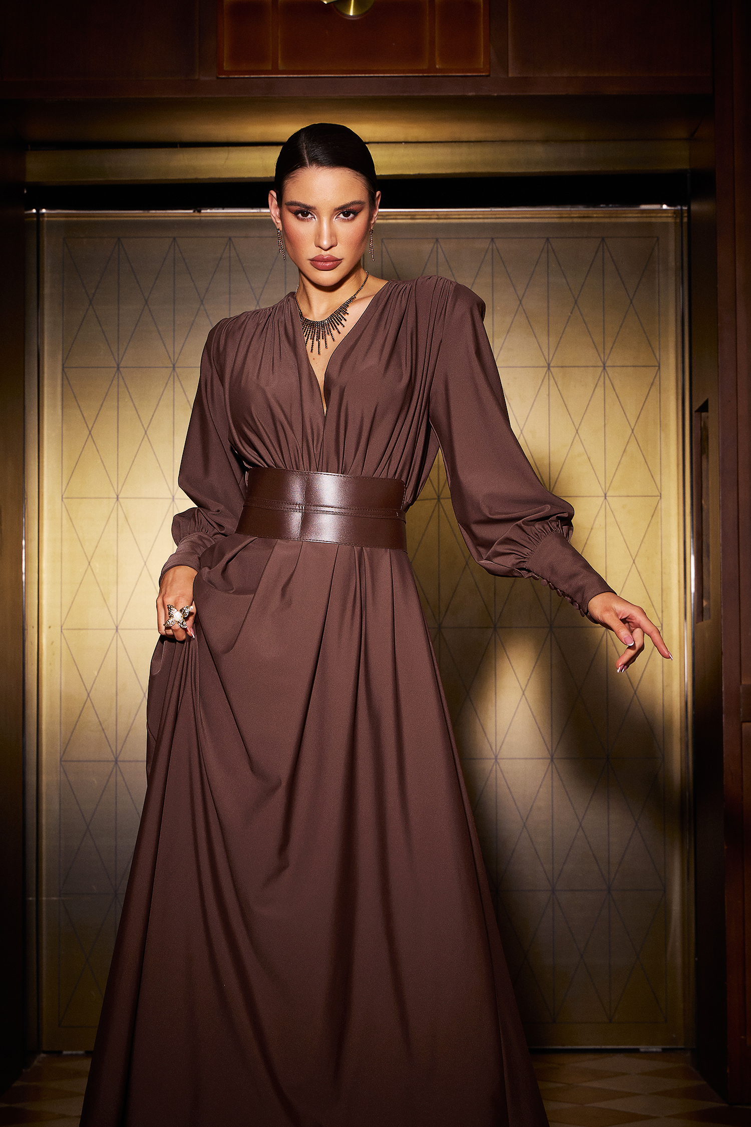 Encho Deep-V Long Sleeves Maxi Dress