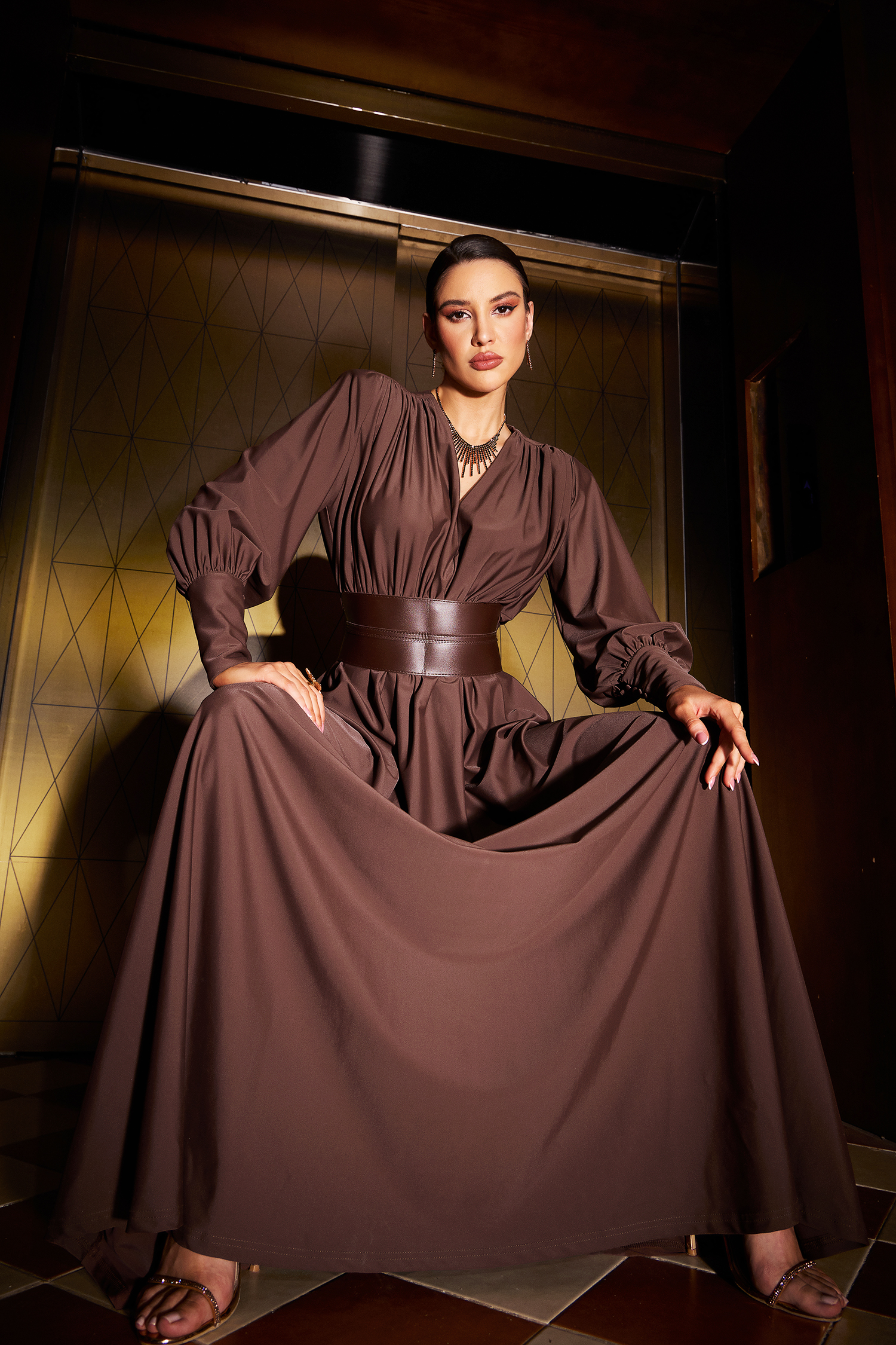 Encho Deep-V Long Sleeves Maxi Dress