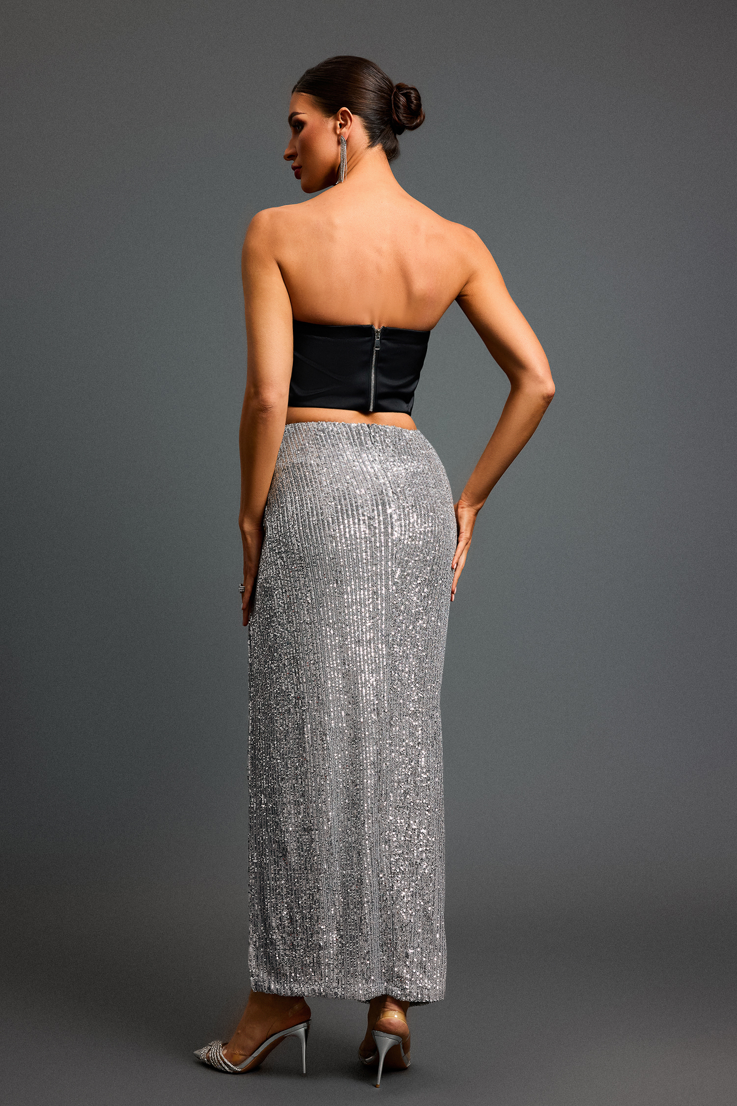 Kaci Flowers Sequin High Slit Maxi Skirt