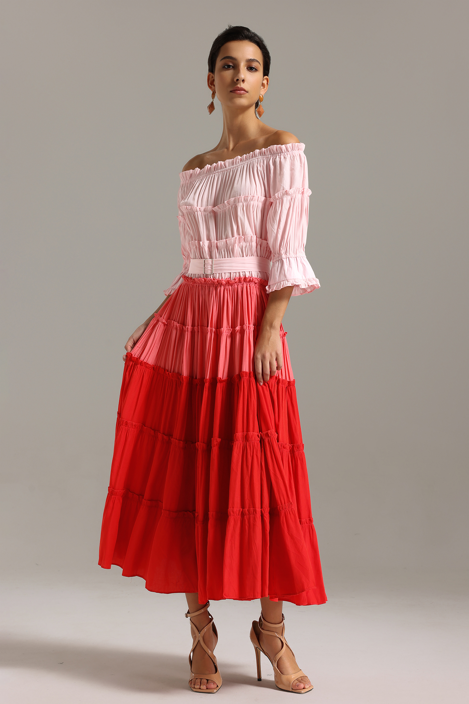 Erryn Flounced Off Shoulder Gradient Midi Dress