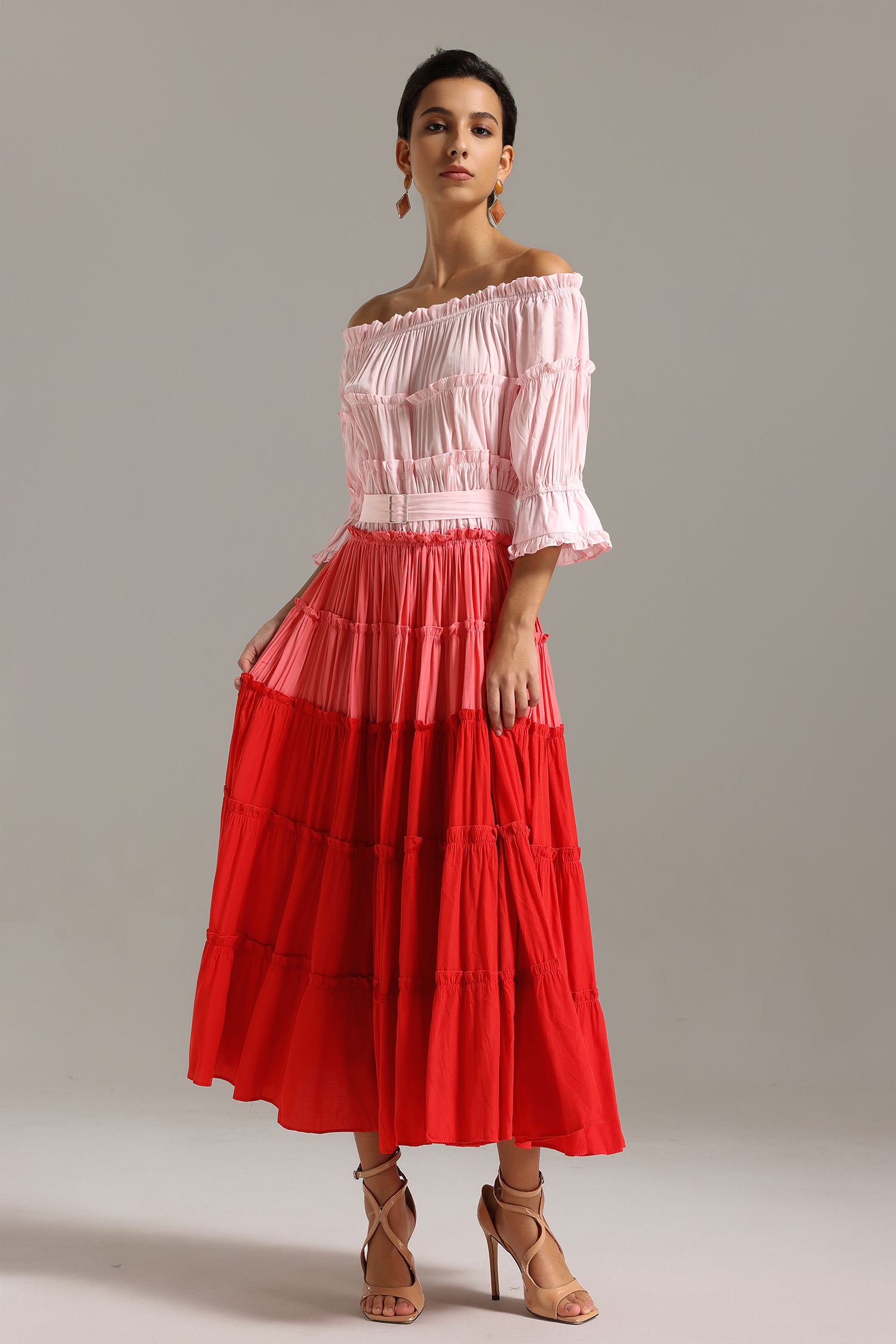 Erryn Flounced Off Shoulder Gradient Midi Dress
