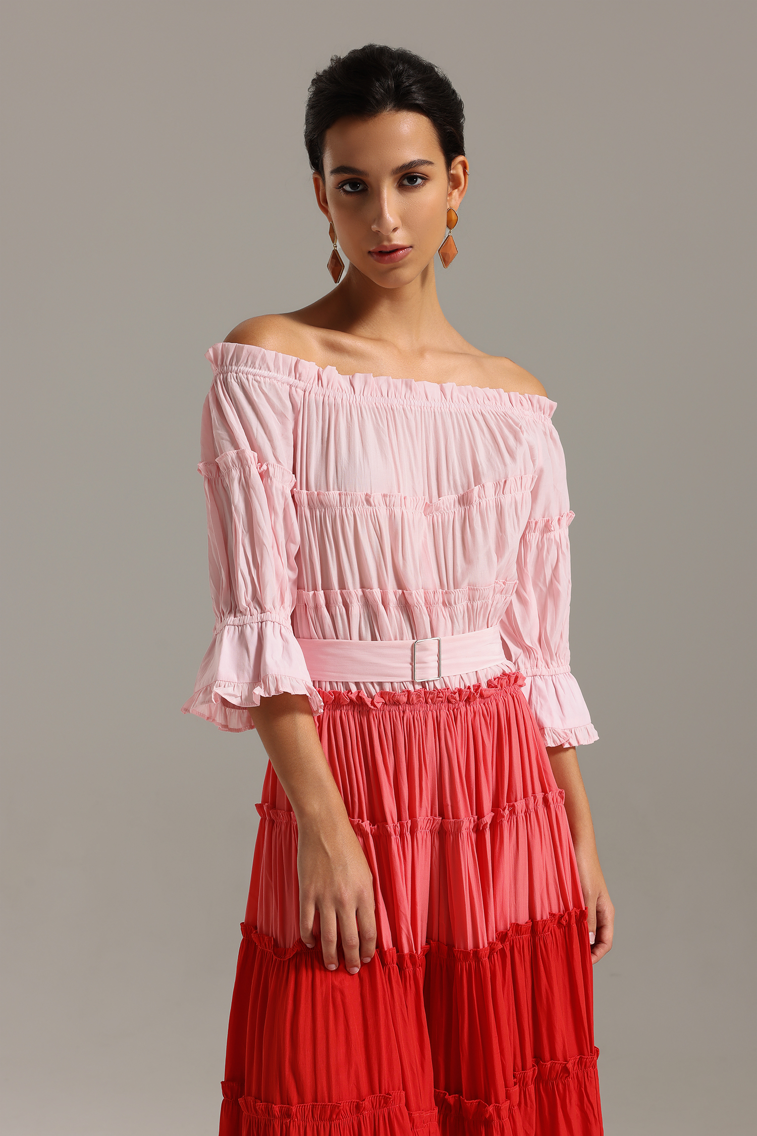 Erryn Flounced Off Shoulder Gradient Midi Dress