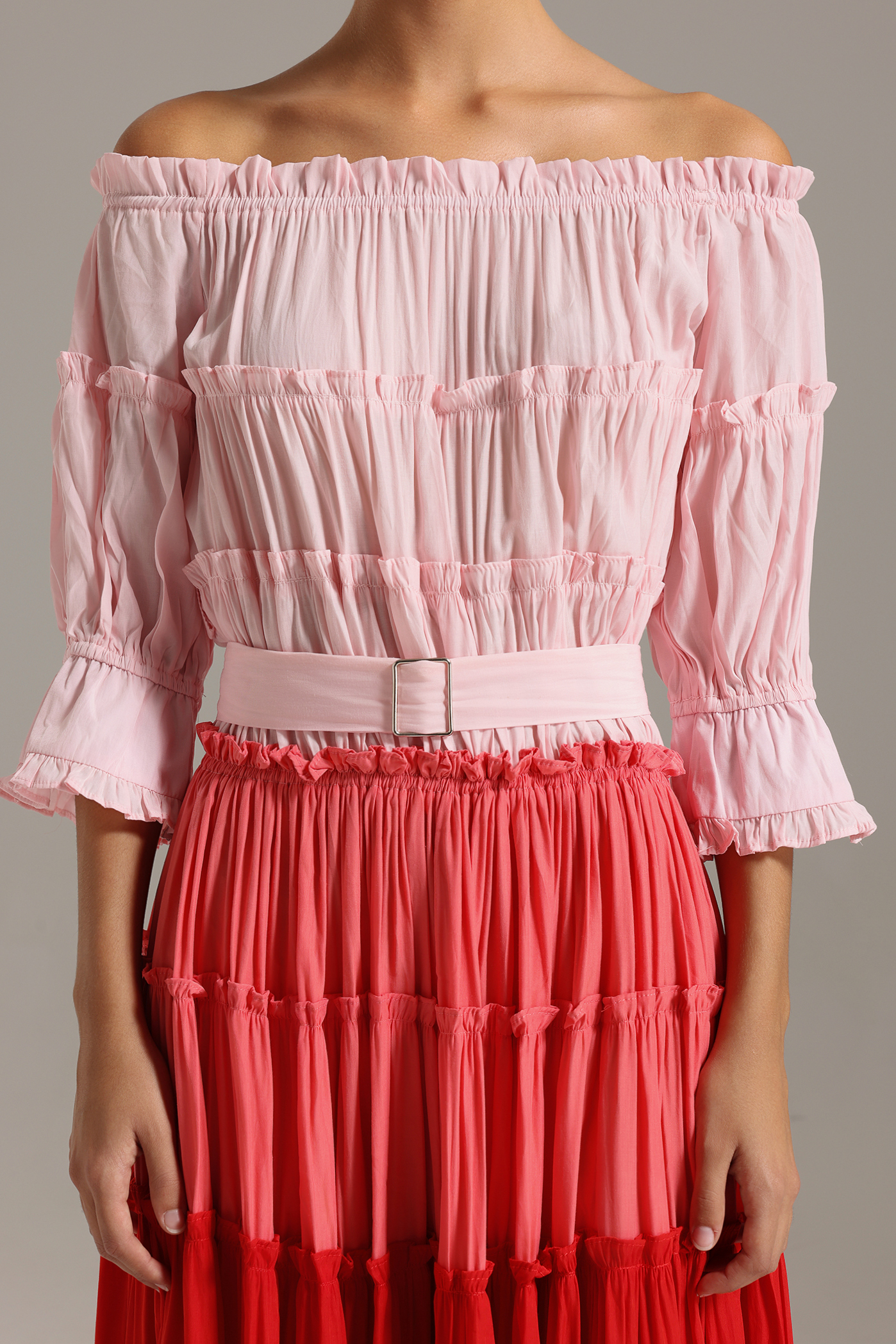 Erryn Flounced Off Shoulder Gradient Midi Dress