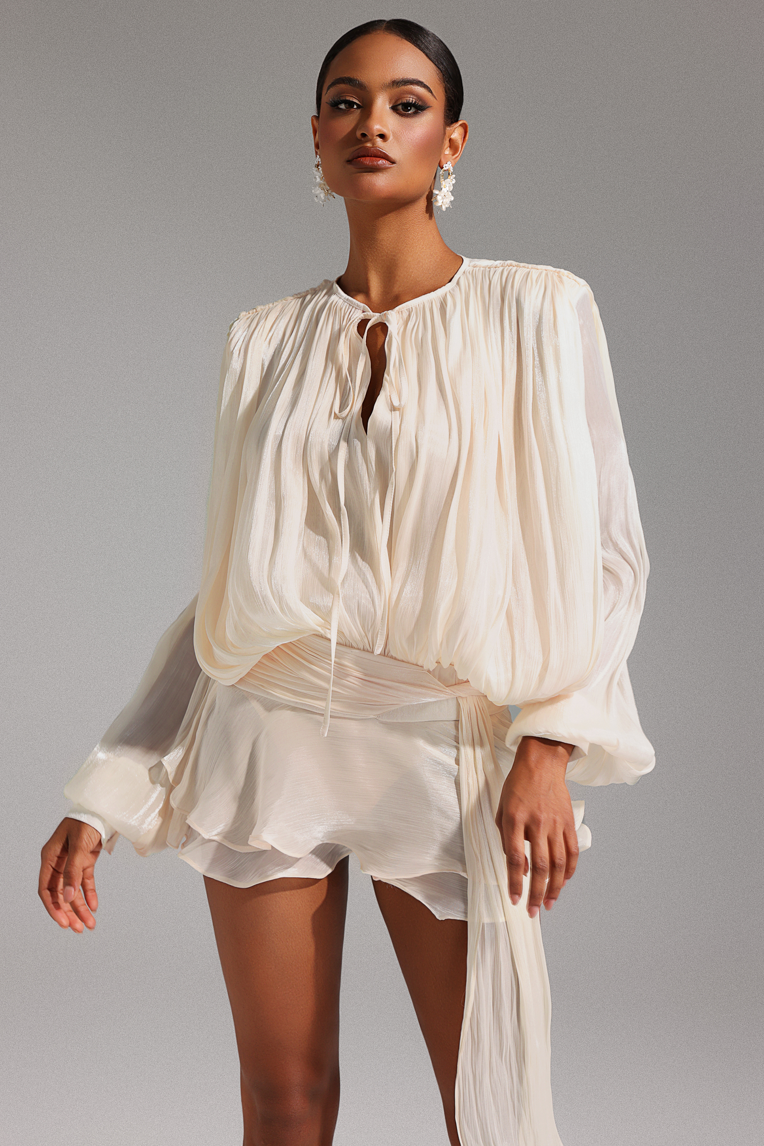 あい Dekia Long Sleeve Hollow Out Flounce Mini Dress – Bellabarnett