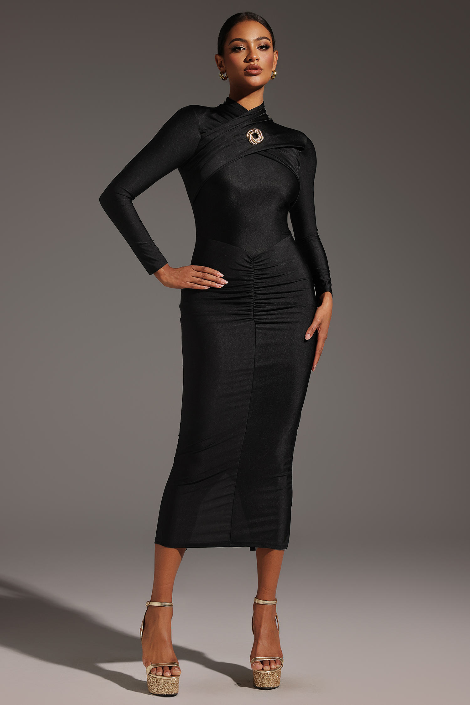 Ronja Long Sleeves Shoulder Pad Hollow Out Fold Maxi Dress