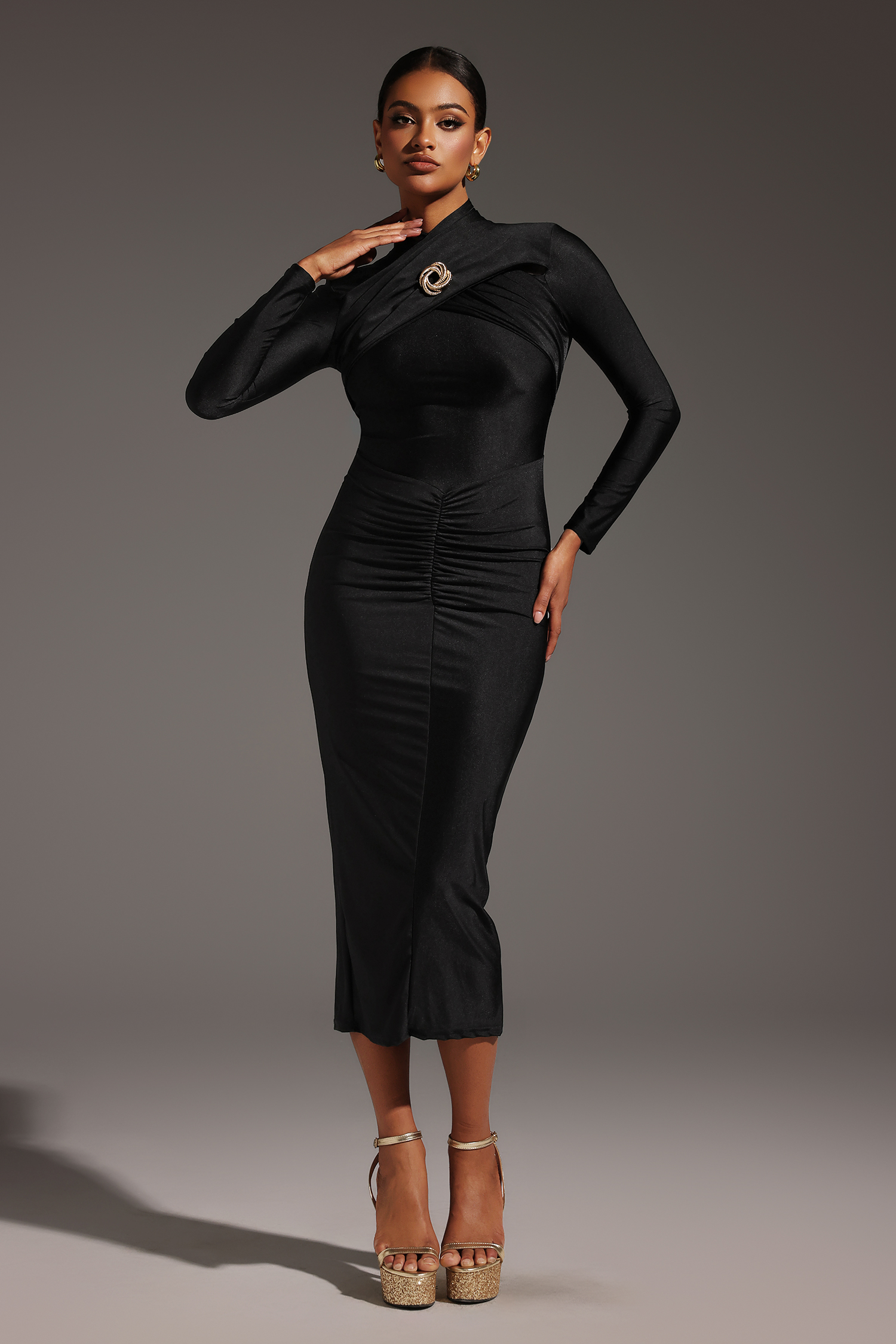 Ronja Long Sleeves Shoulder Pad Hollow Out Fold Maxi Dress