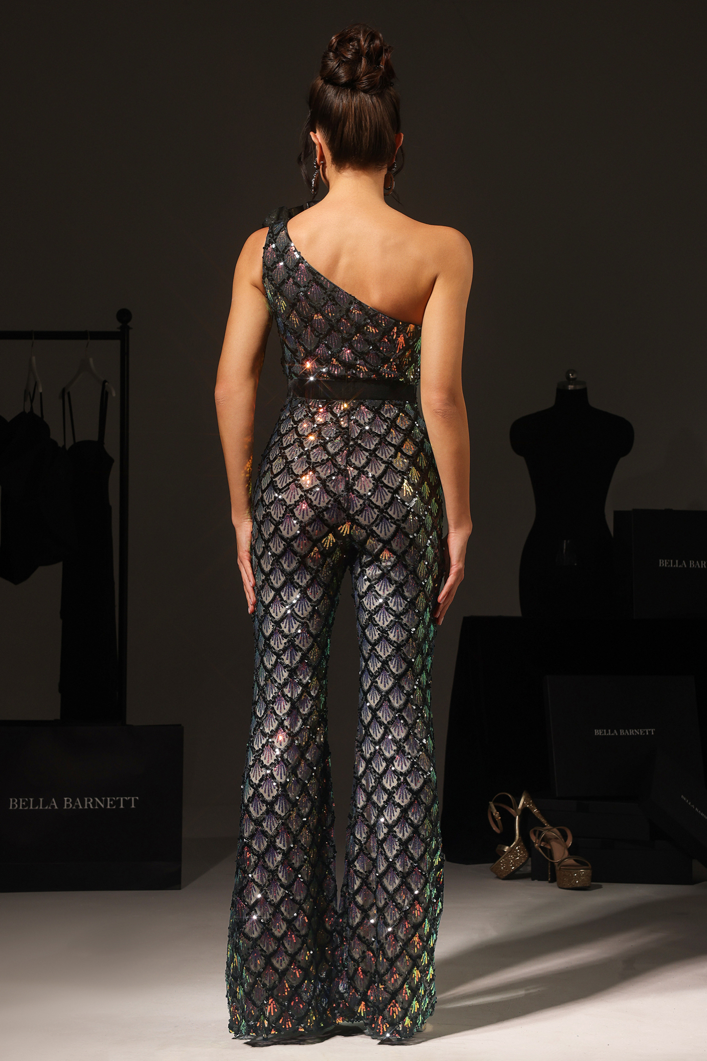 Ive One Shoulder Sleeveless Flowers Sequin Maxi Jumpsuit