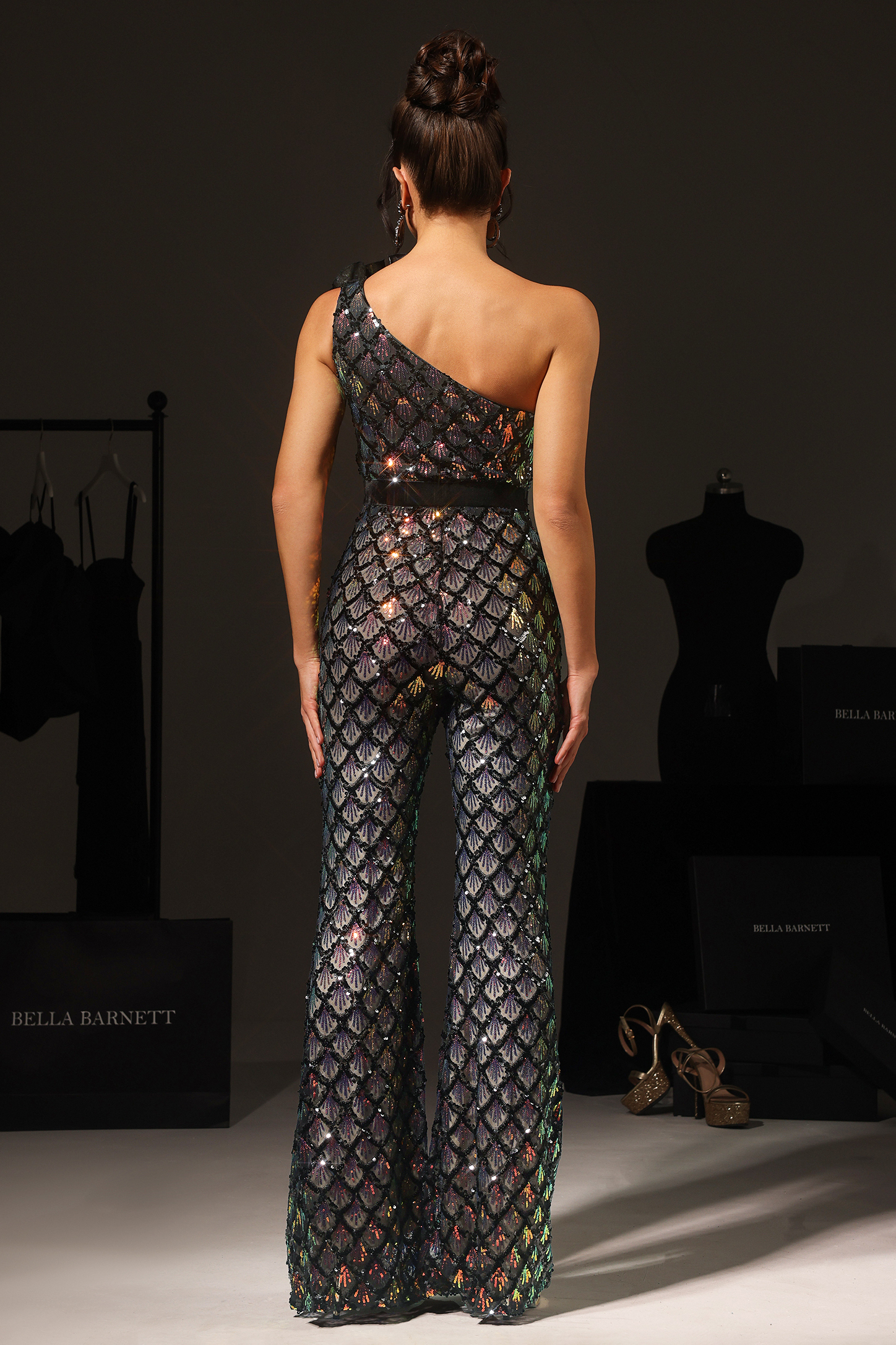 Ive One Shoulder Sleeveless Flowers Sequin Maxi Jumpsuit