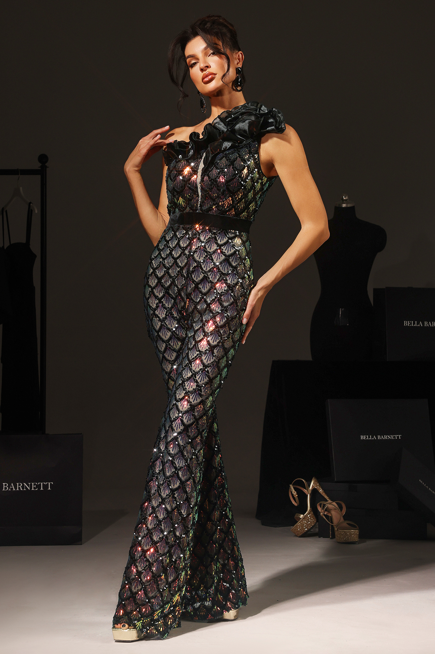 Ive One Shoulder Sleeveless Flowers Sequin Maxi Jumpsuit