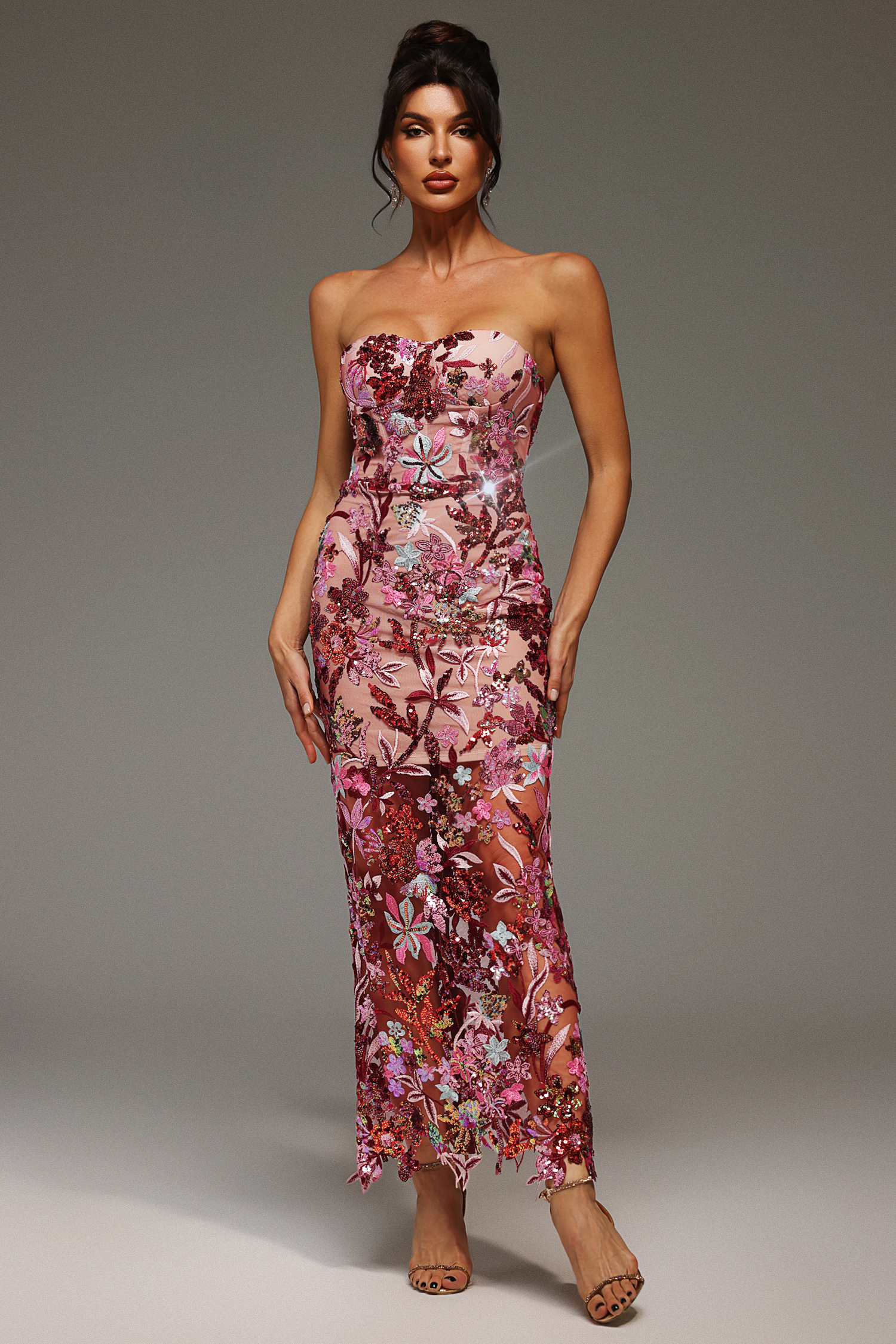 Lilya Straight Shoulder Embroidery Sequin Maxi Dress