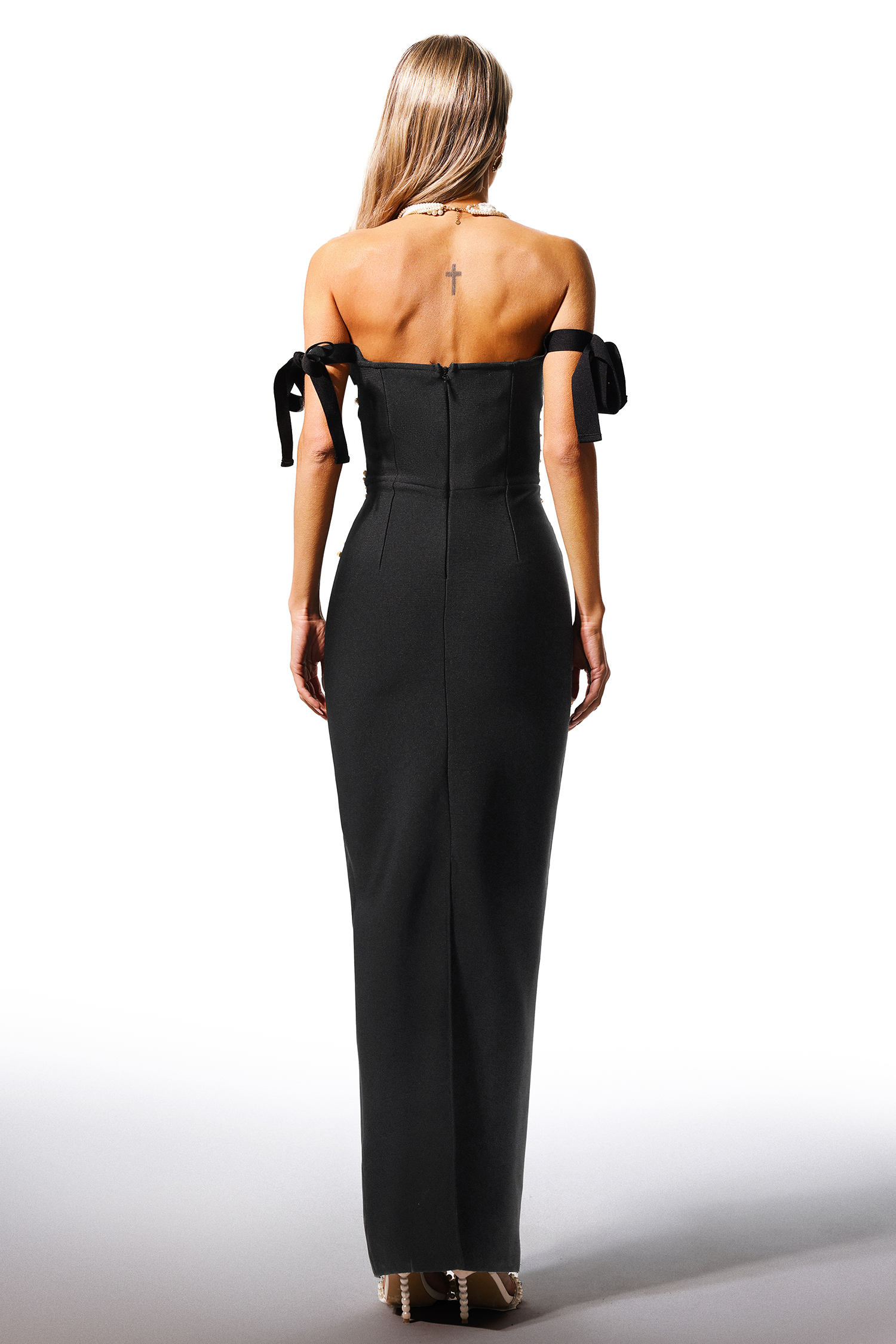 Jesmin Straight Shoulder Lacing Pearl Bandage Maxi Dress