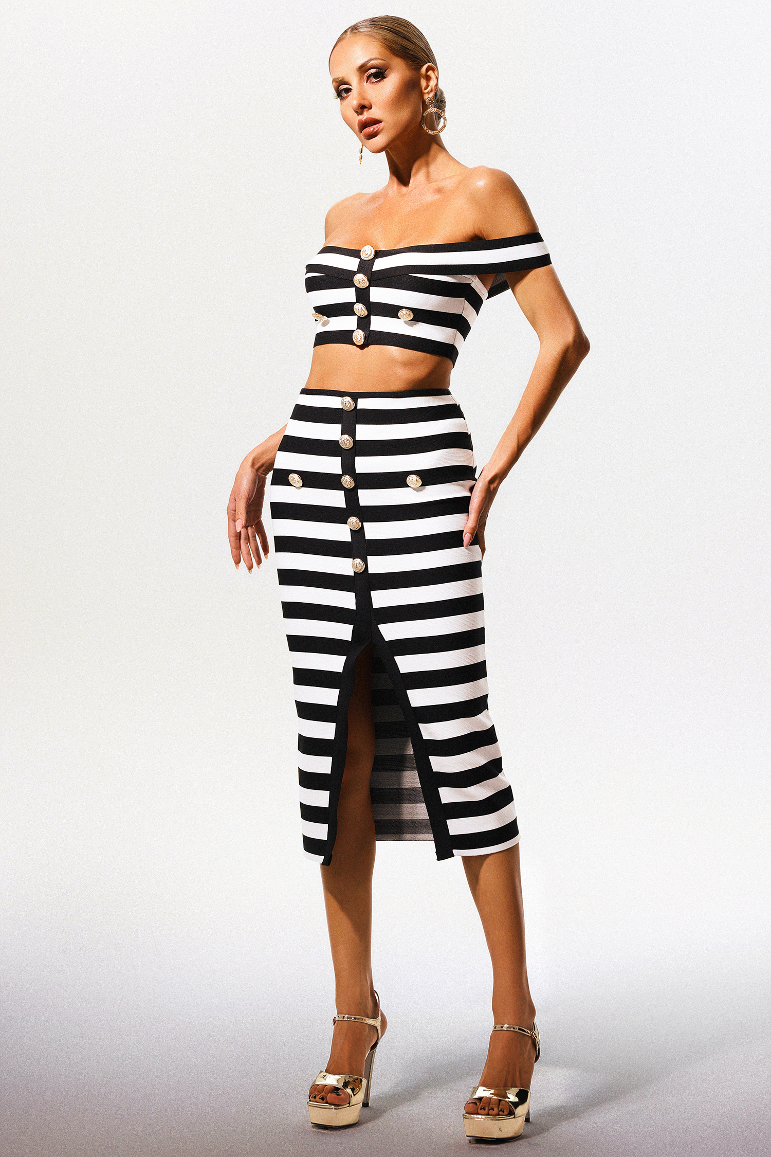 Martha Straight Shoulder Hollow Out Slit Bandage Midi Two-Piece Set