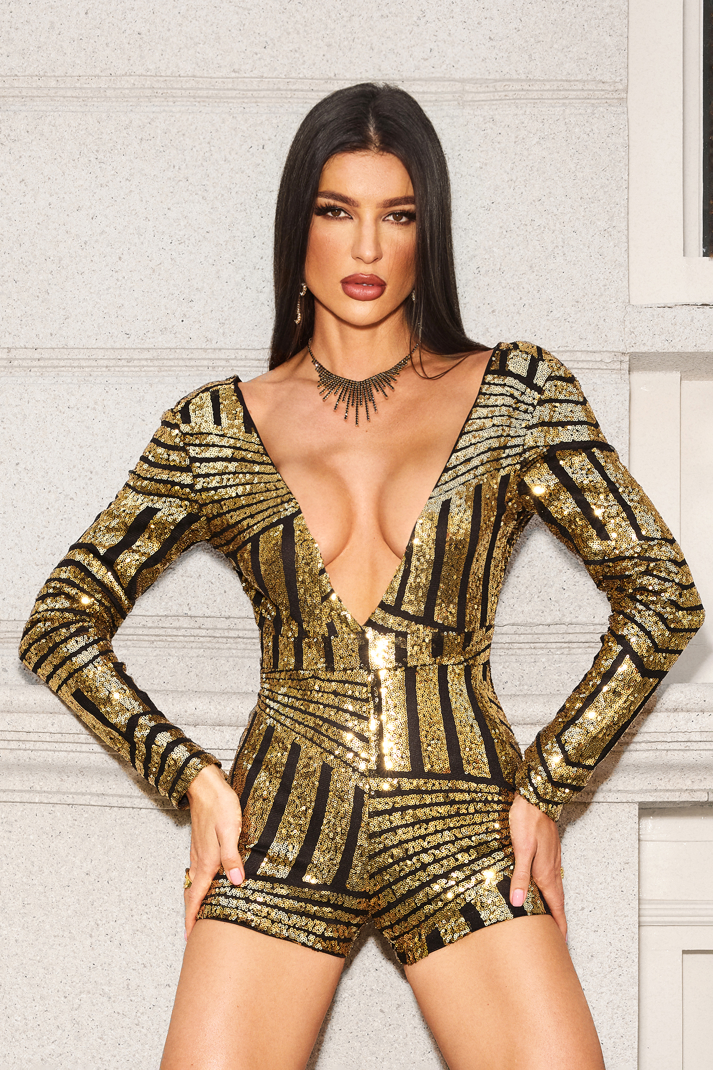 Madge V-Neck Long Sleeve Sequin Mini Dress