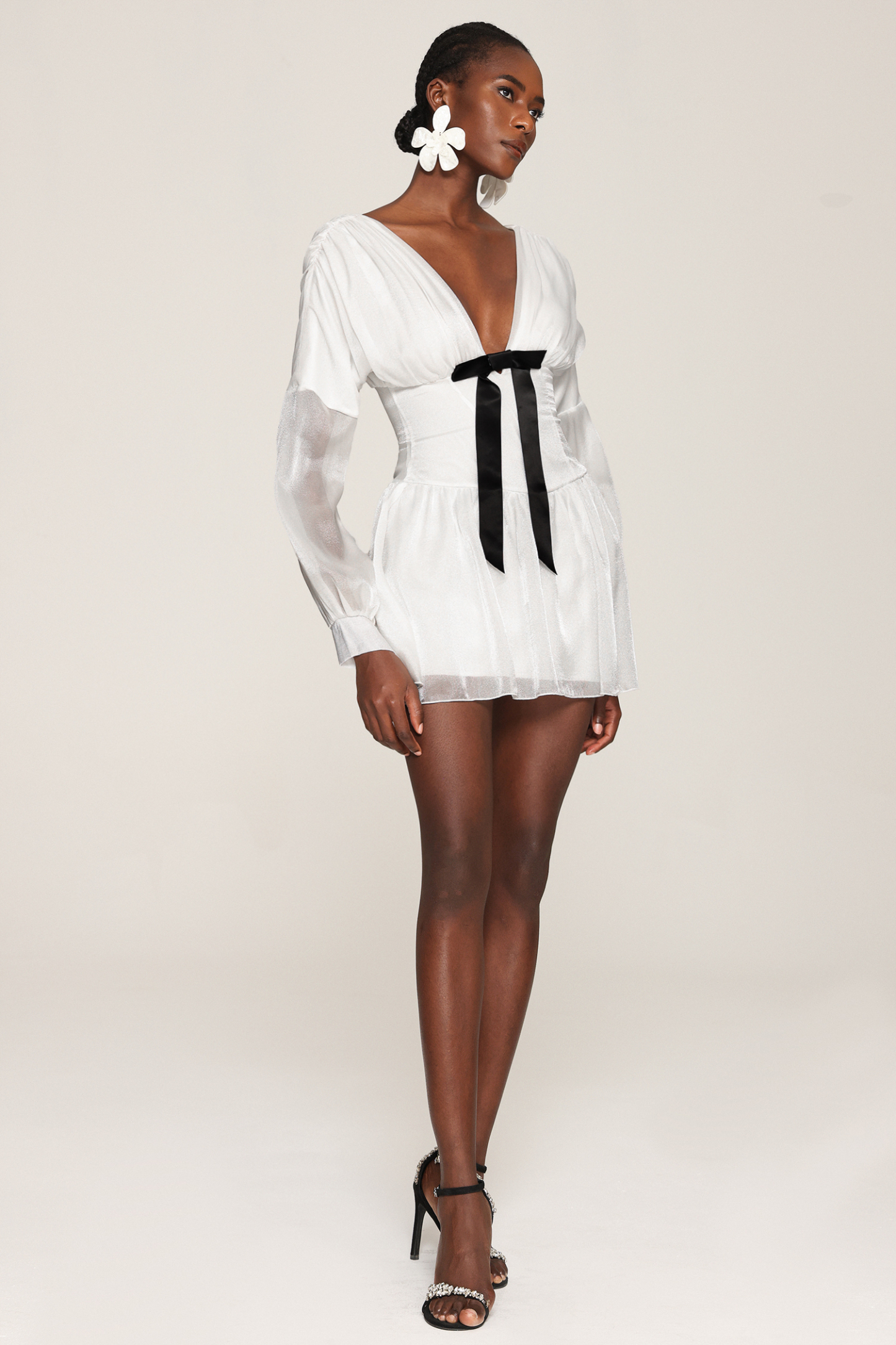 Steffi V Neck Bowknot Long Sleeves Mini Dress