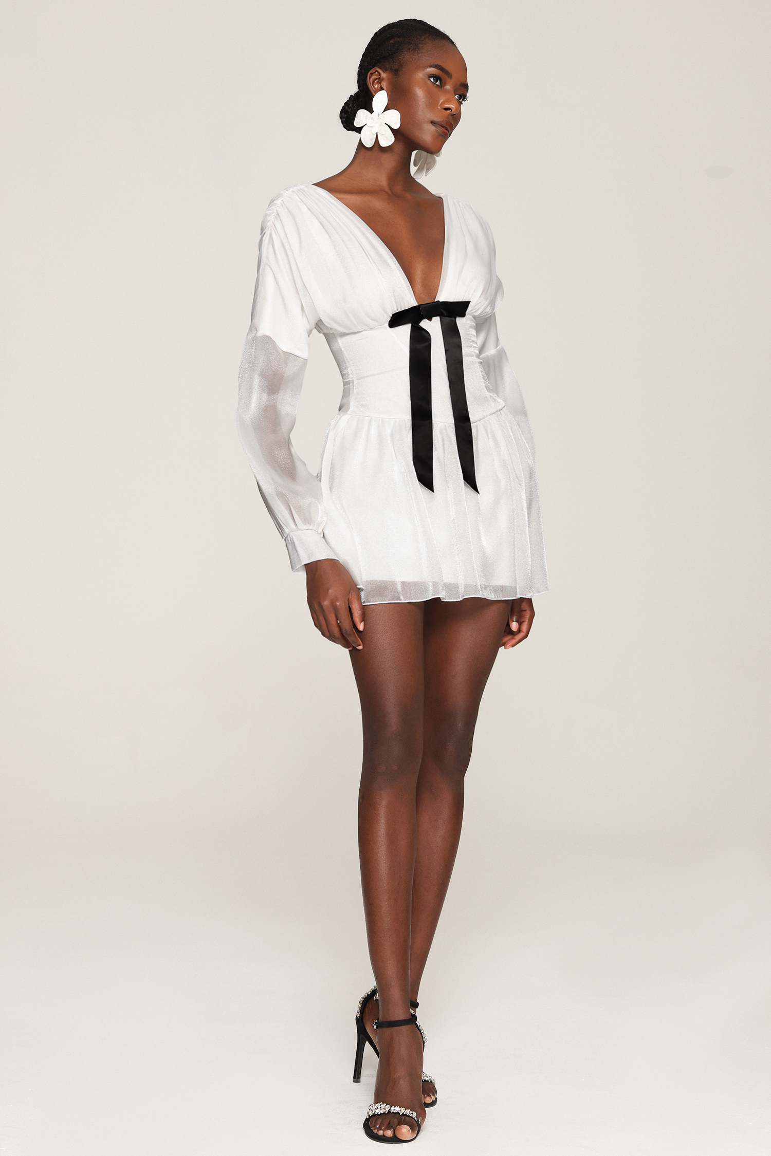 Steffi V Neck Bowknot Long Sleeves Mini Dress