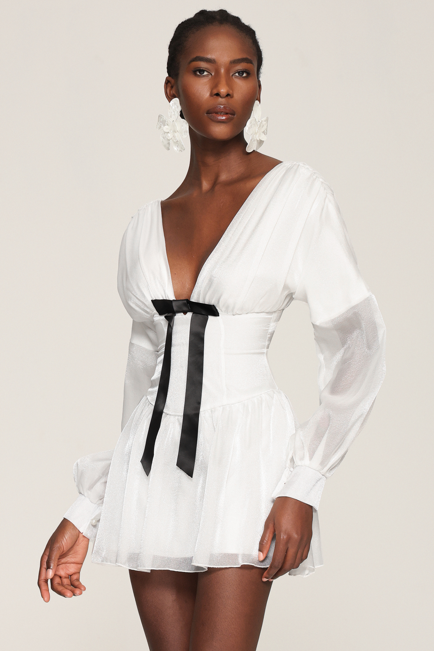Steffi V Neck Bowknot Long Sleeves Mini Dress