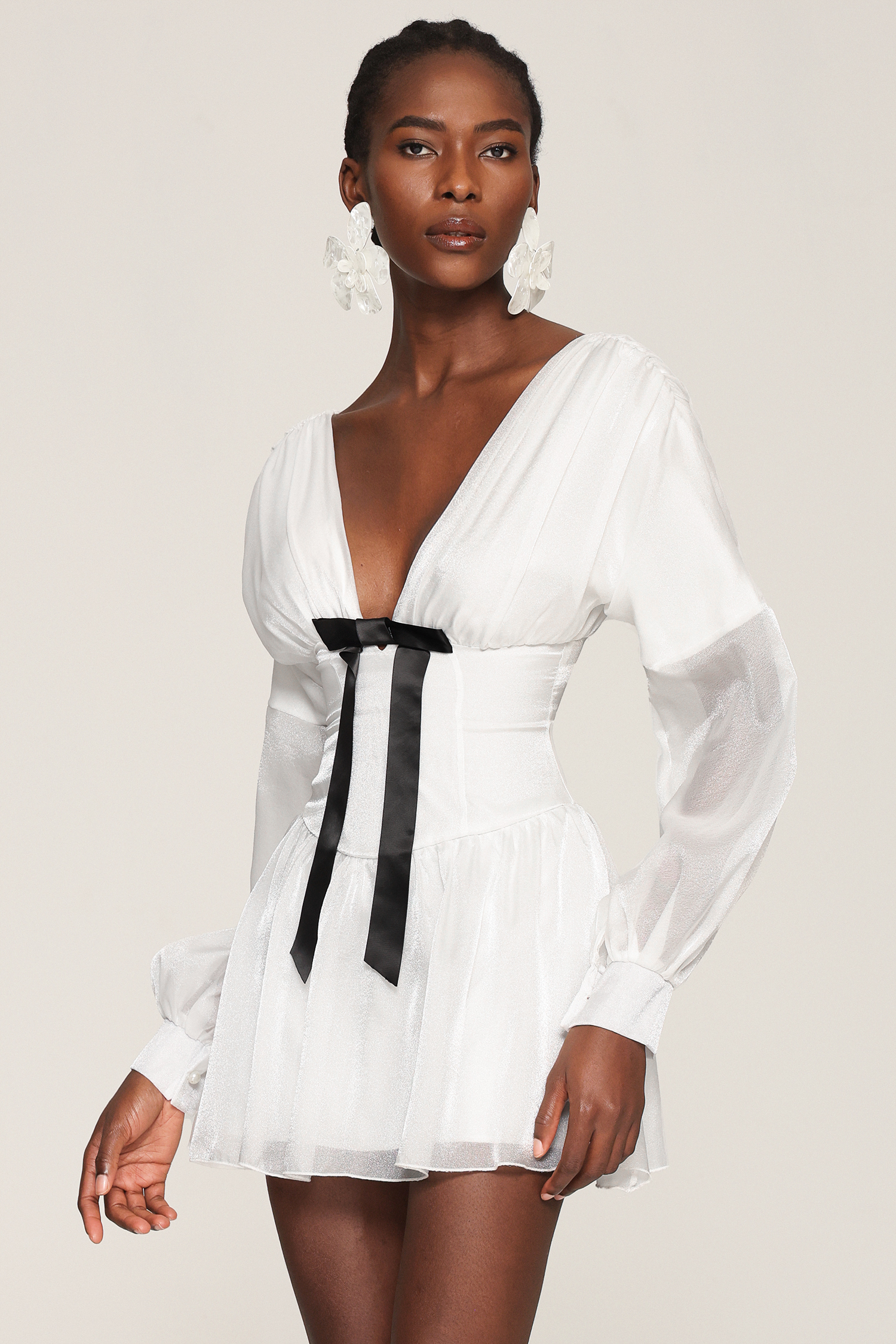 Steffi V Neck Bowknot Long Sleeves Mini Dress