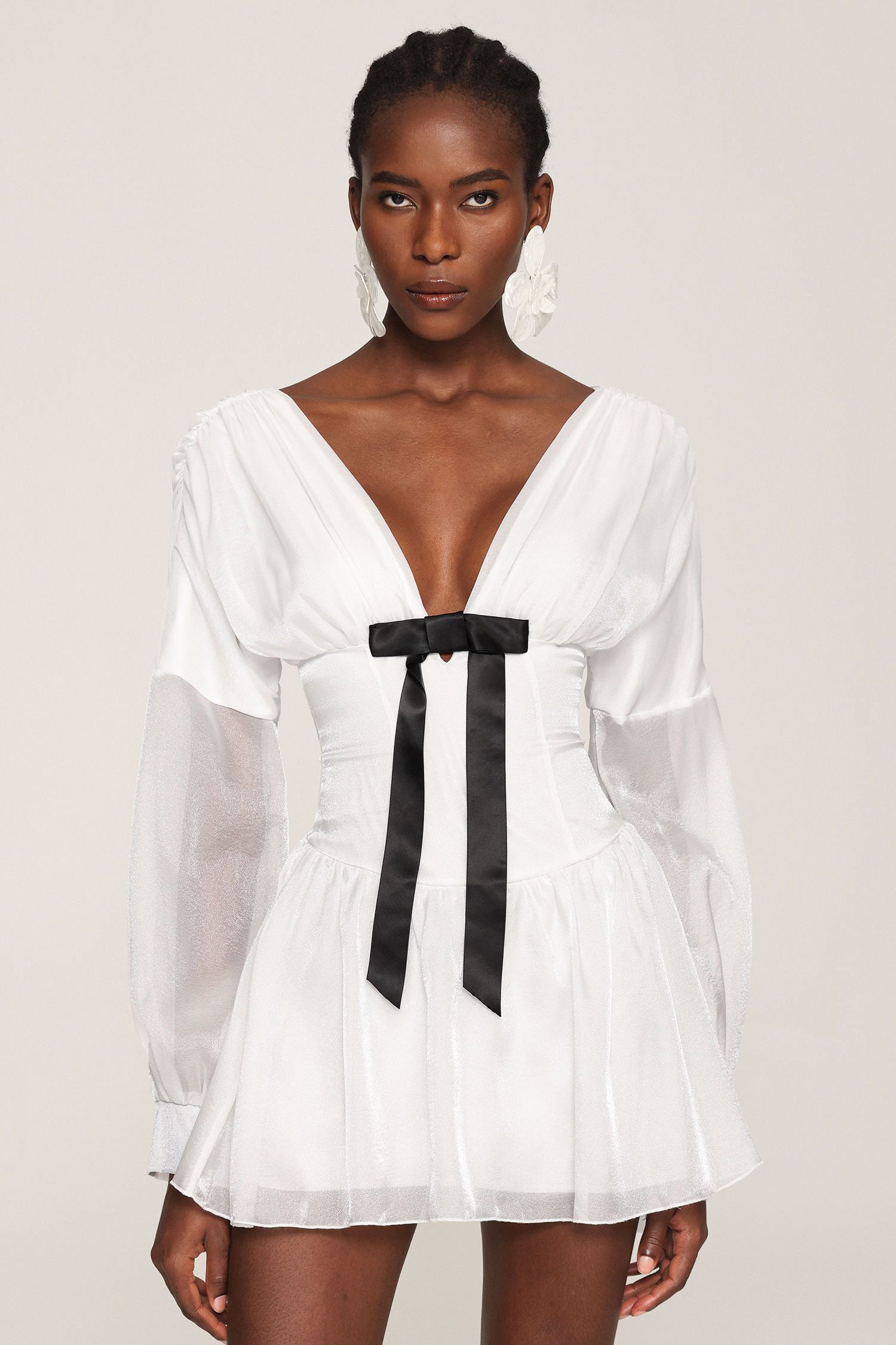 Steffi V Neck Bowknot Long Sleeves Mini Dress