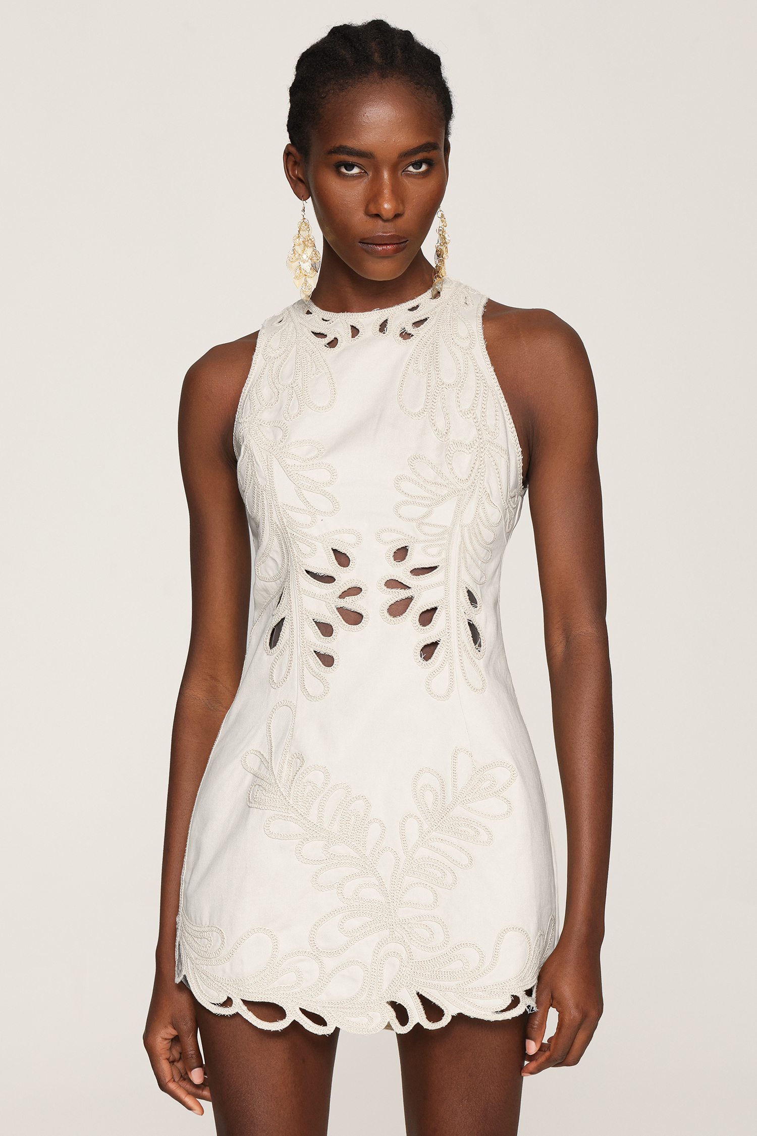 Wilisa Embroidery Sleeveless Round Neck Hollow Out Mini Dress