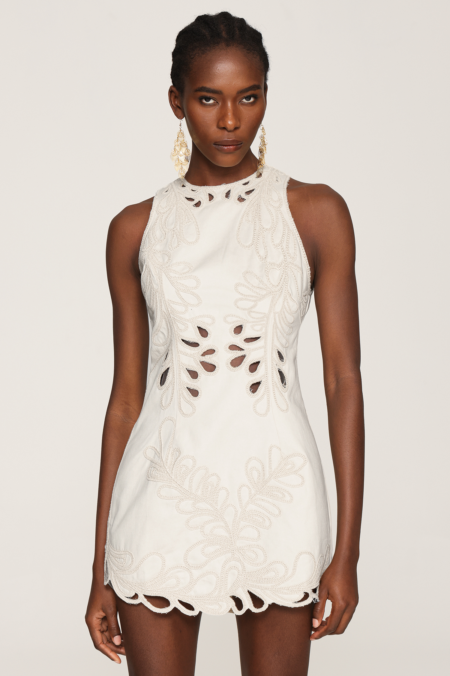 Wilisa Embroidery Sleeveless Round Neck Hollow Out Mini Dress