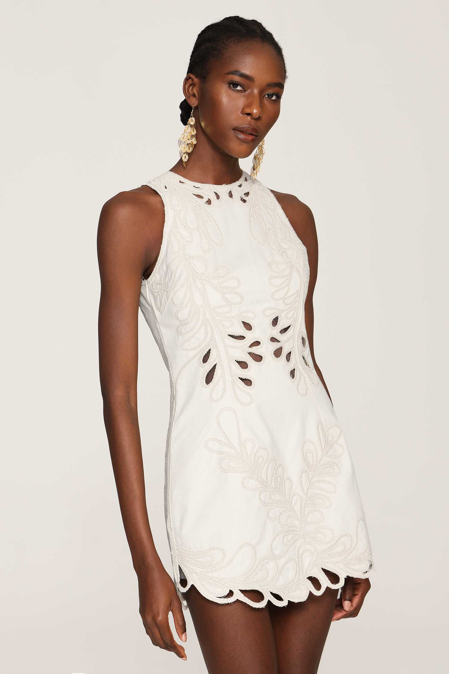 Wilisa Embroidery Sleeveless Round Neck Hollow Out Mini Dress