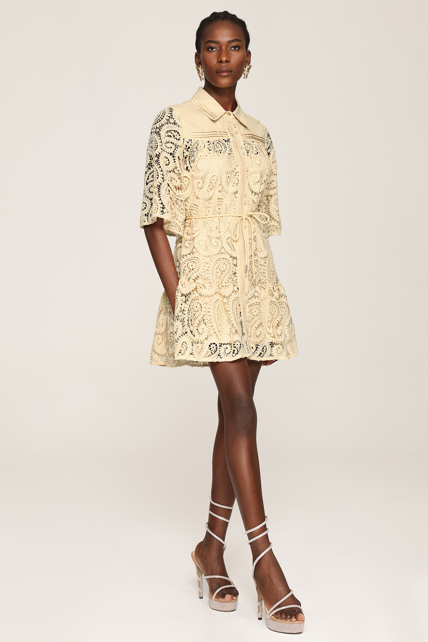 Kerla Short Sleeves Hollow Out Lace Shirt Mini Dress