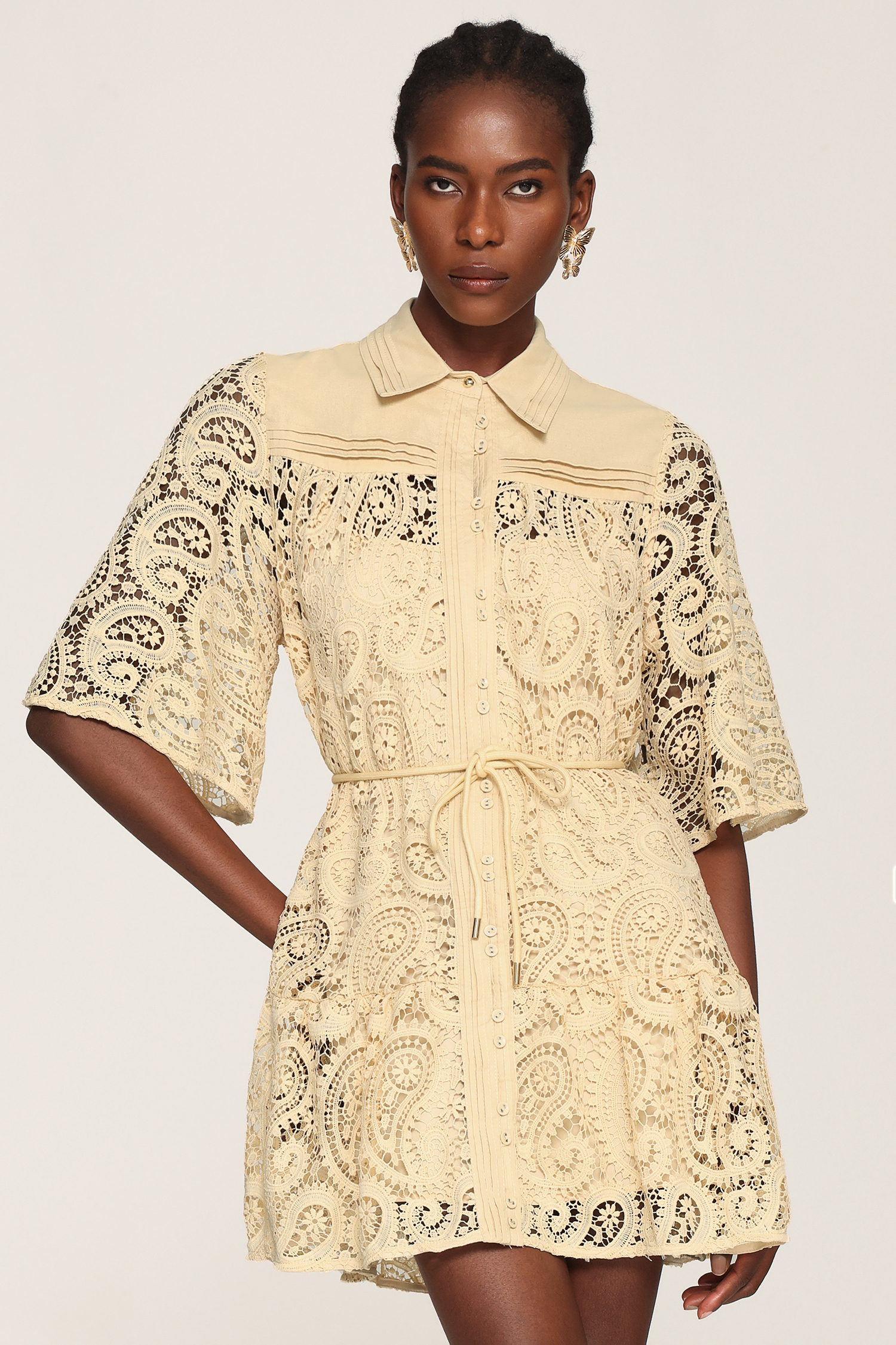 Kerla Short Sleeves Hollow Out Lace Shirt Mini Dress