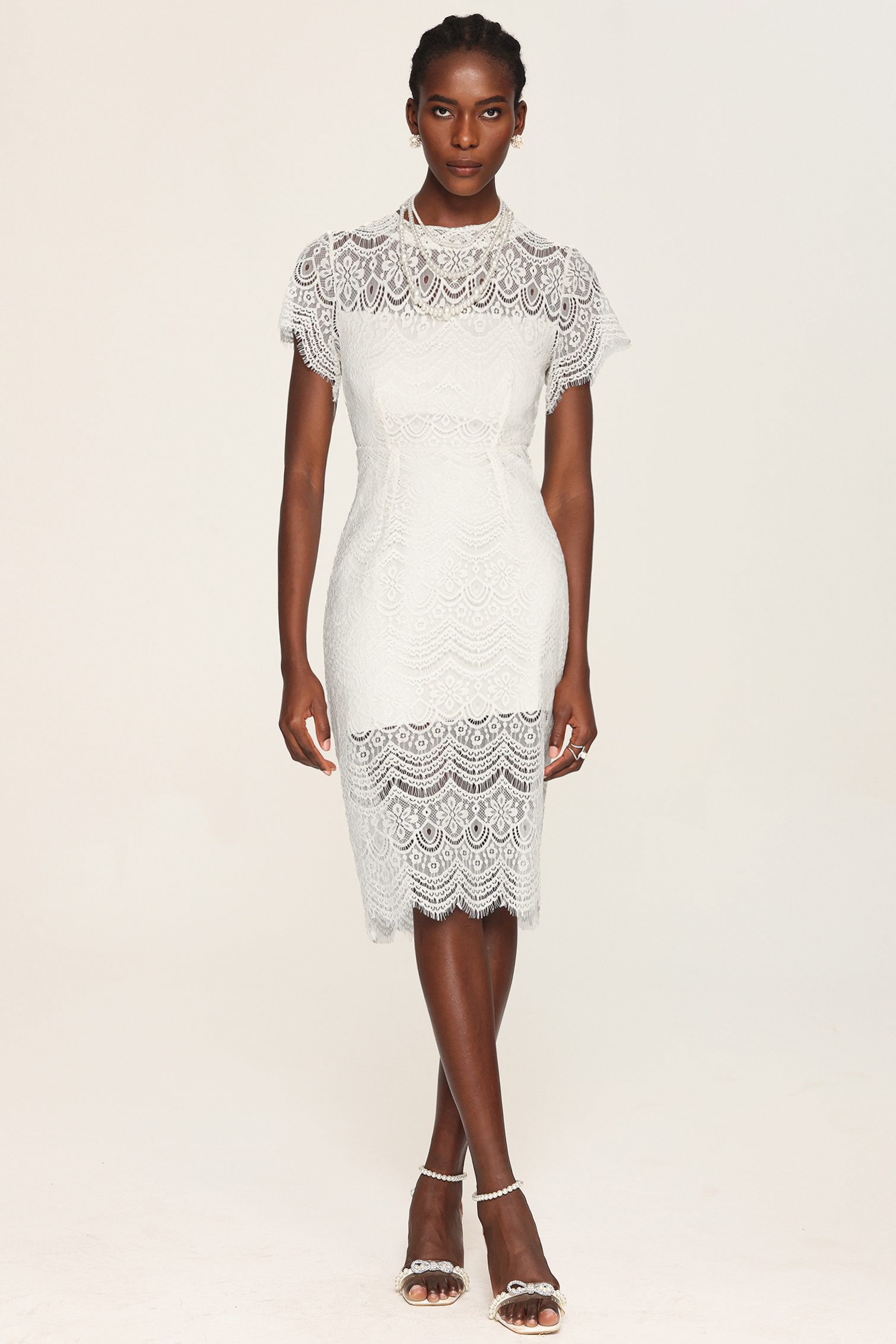 Mignon Round Neck Short Sleeves Lace Midi Dress