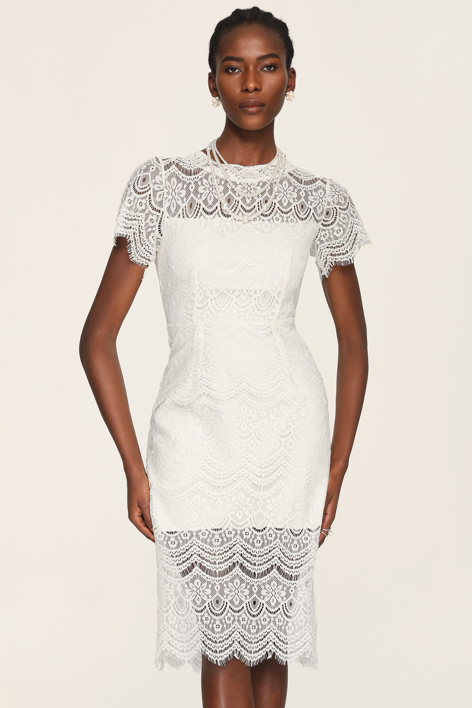 Mignon Round Neck Short Sleeves Lace Midi Dress