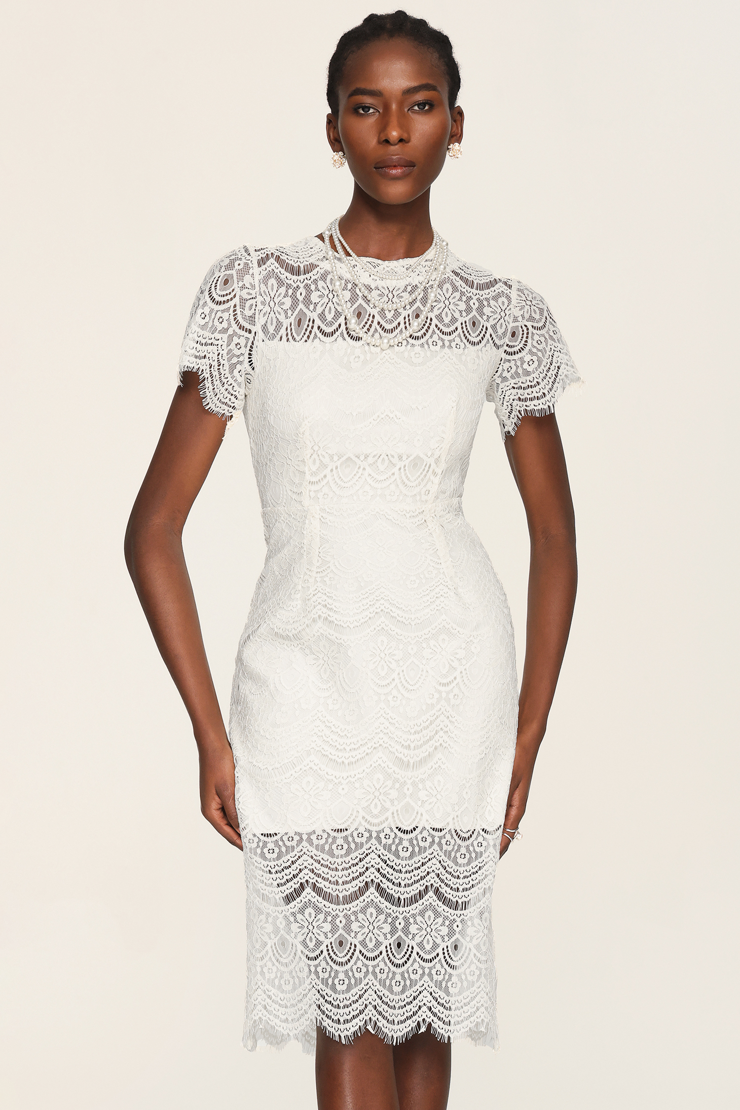 Mignon Round Neck Short Sleeves Lace Midi Dress