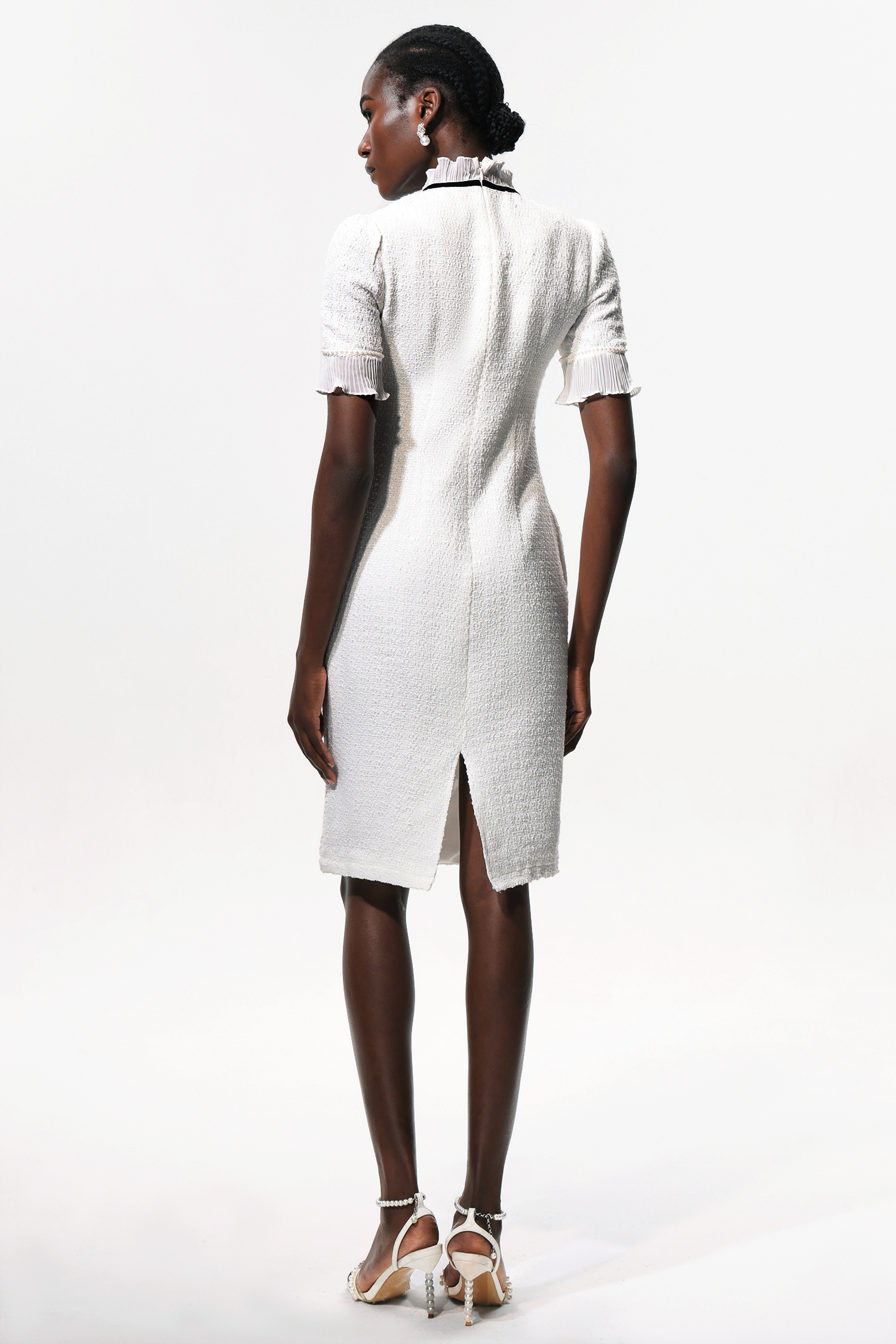 Vedasa Bowknot Pearls Button Tweed Midi Dress