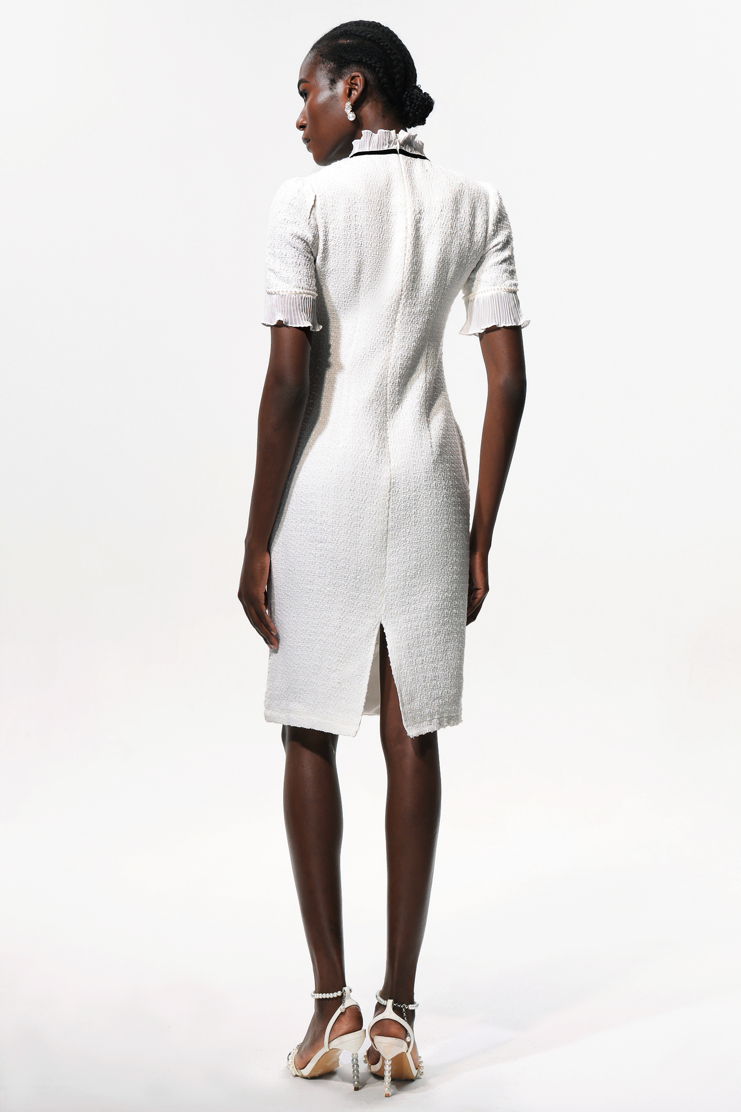 Vedasa Bowknot Pearls Button Tweed Midi Dress