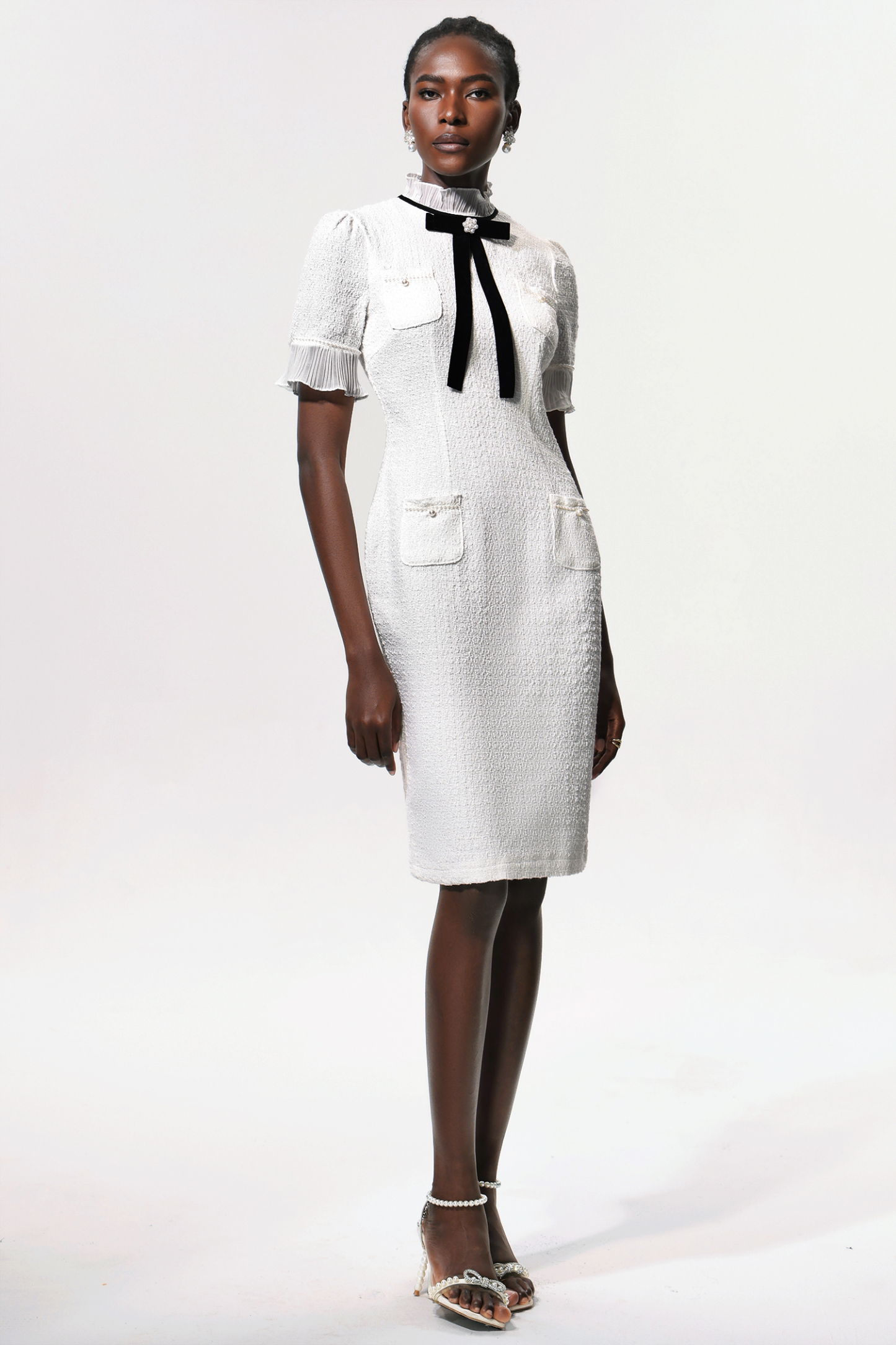 Vedasa Bowknot Pearls Button Tweed Midi Dress