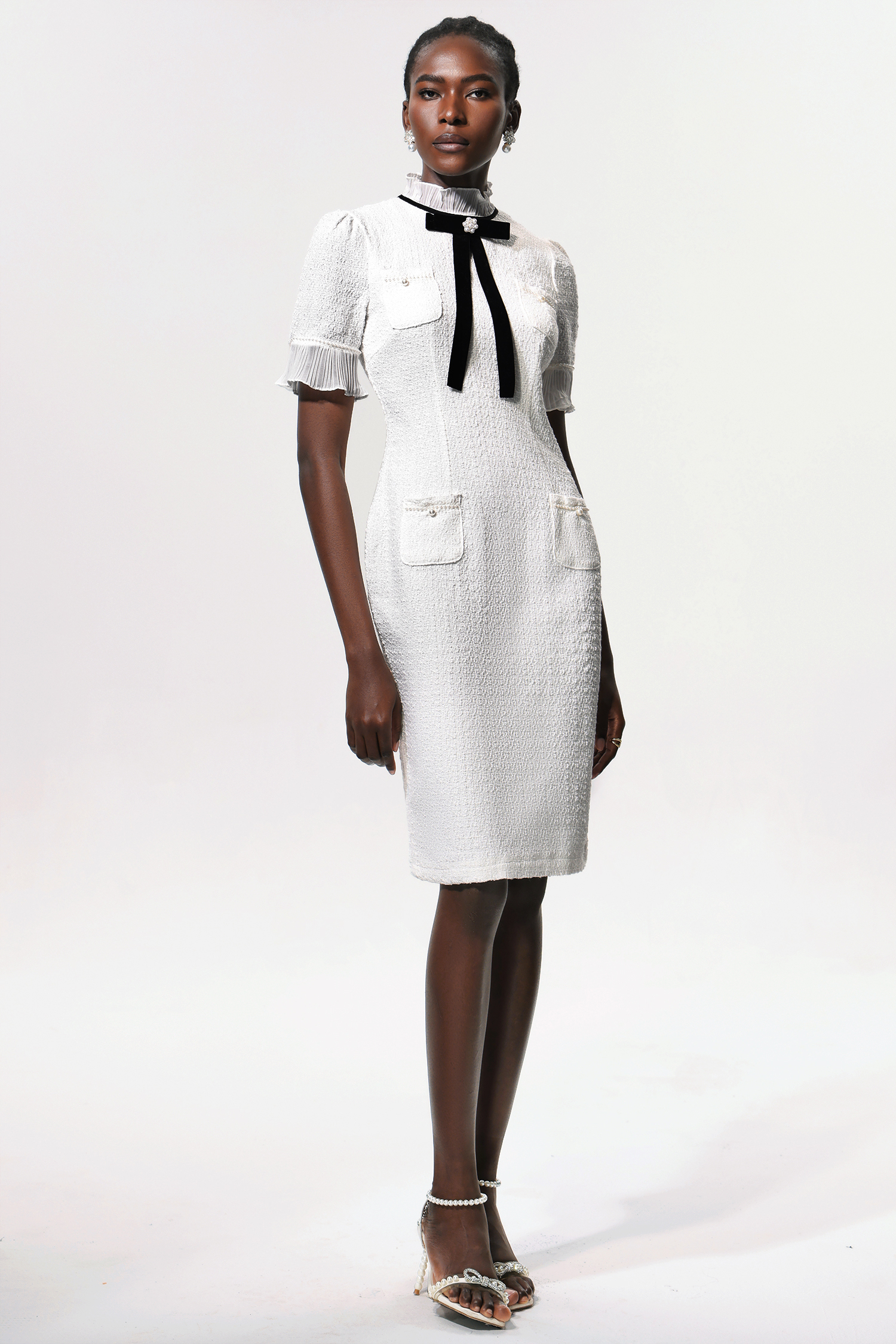 Vedasa Bowknot Pearls Button Tweed Midi Dress