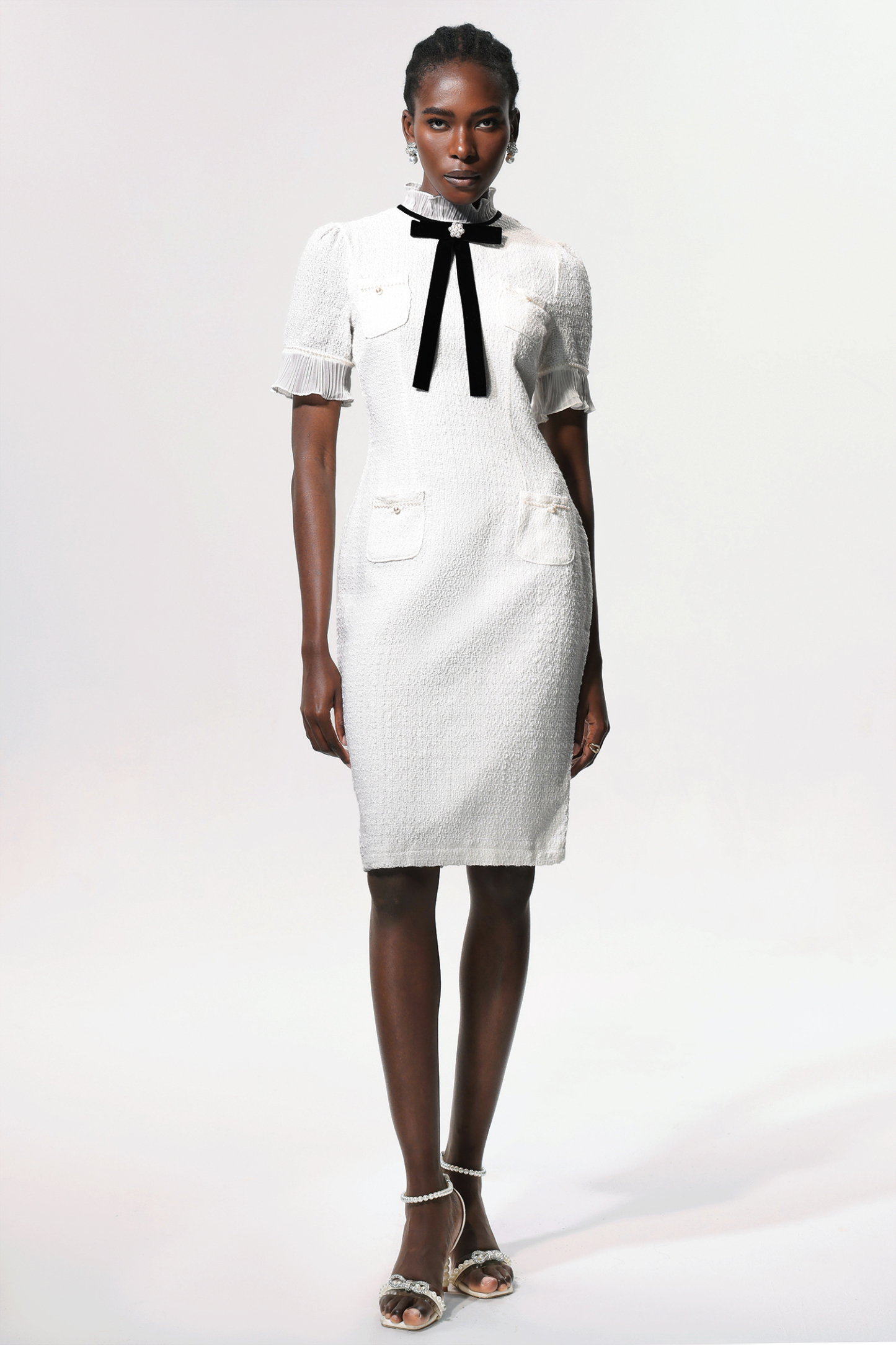 Vedasa Bowknot Pearls Button Tweed Midi Dress