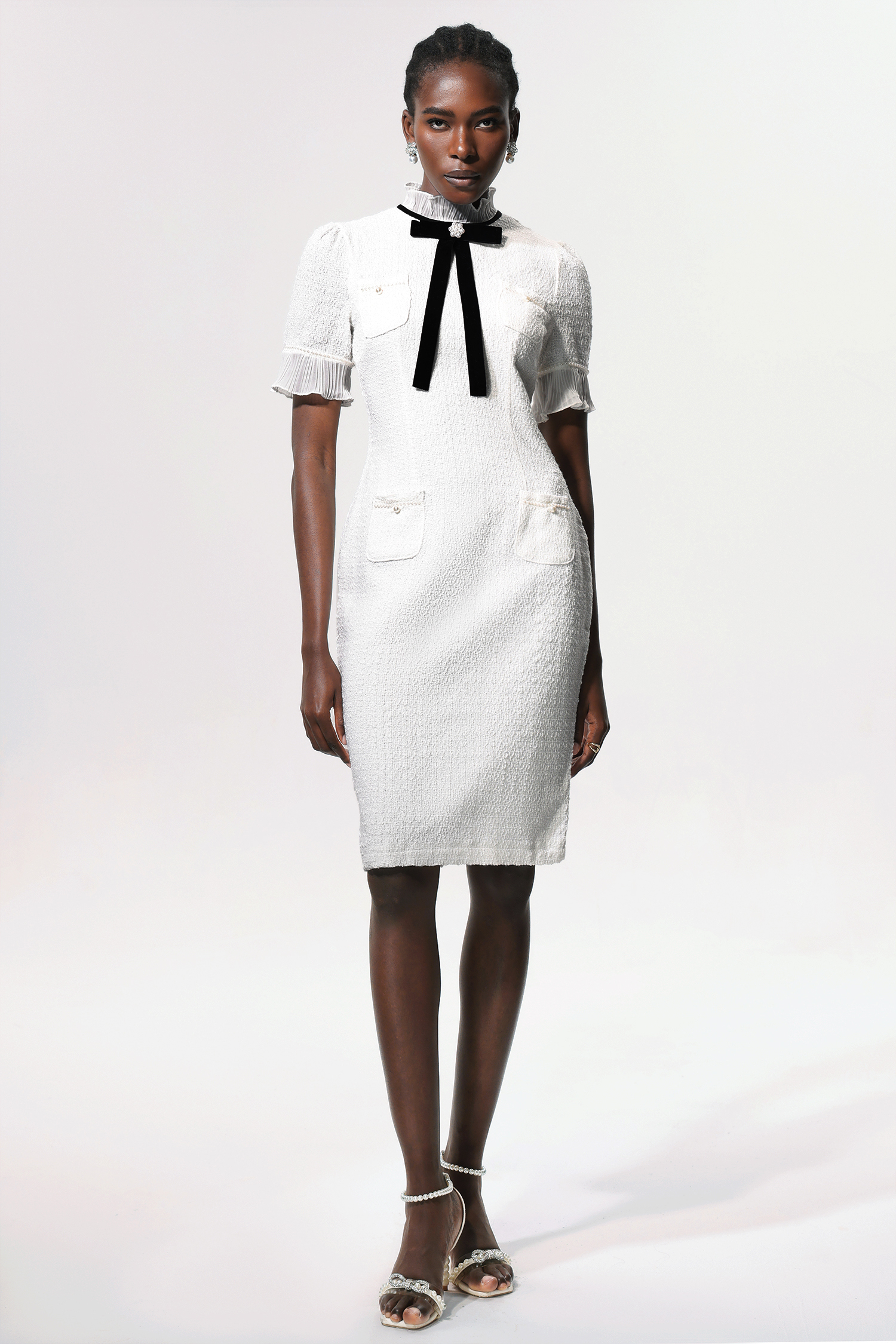 Vedasa Bowknot Pearls Button Tweed Midi Dress