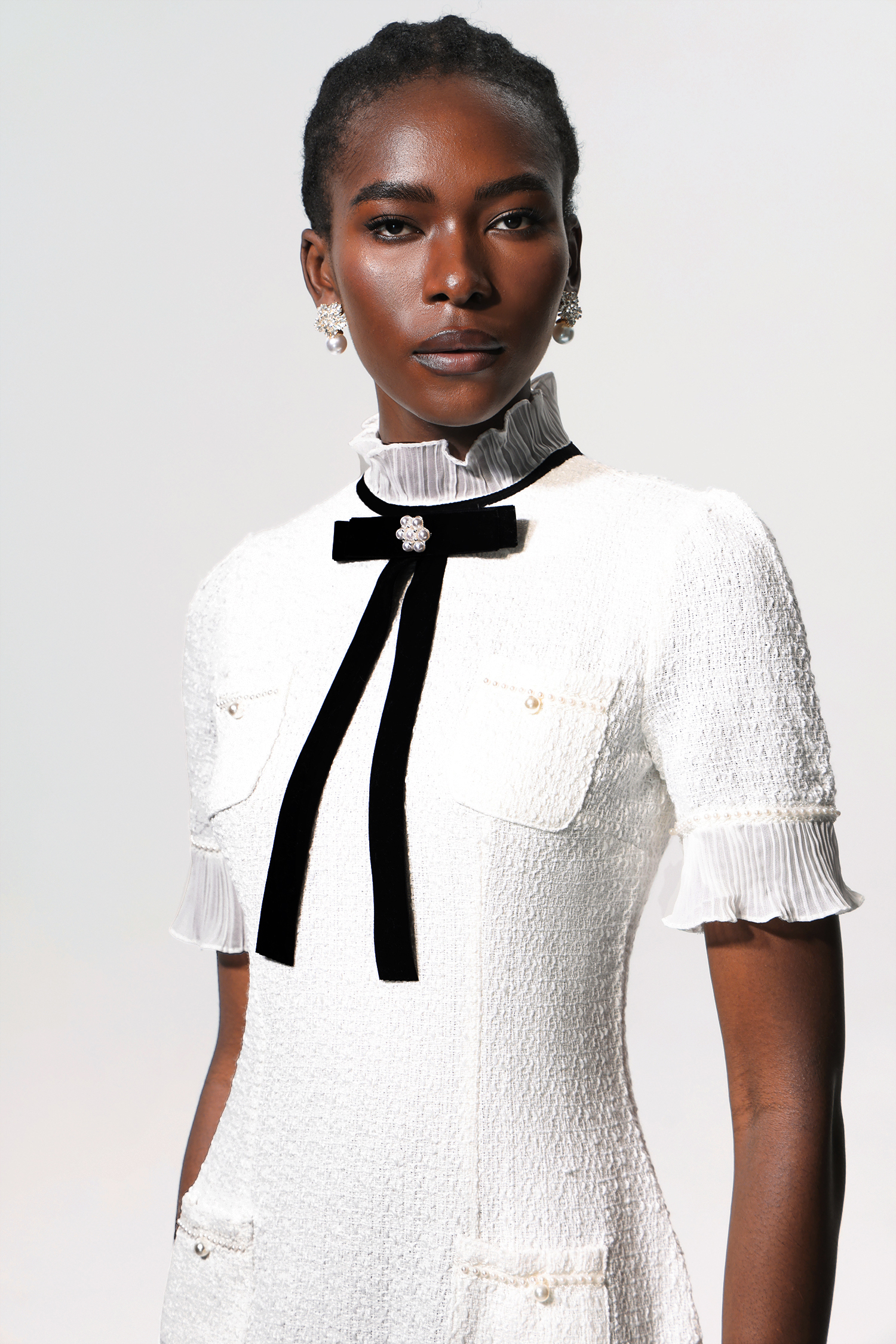 Vedasa Bowknot Pearls Button Tweed Midi Dress