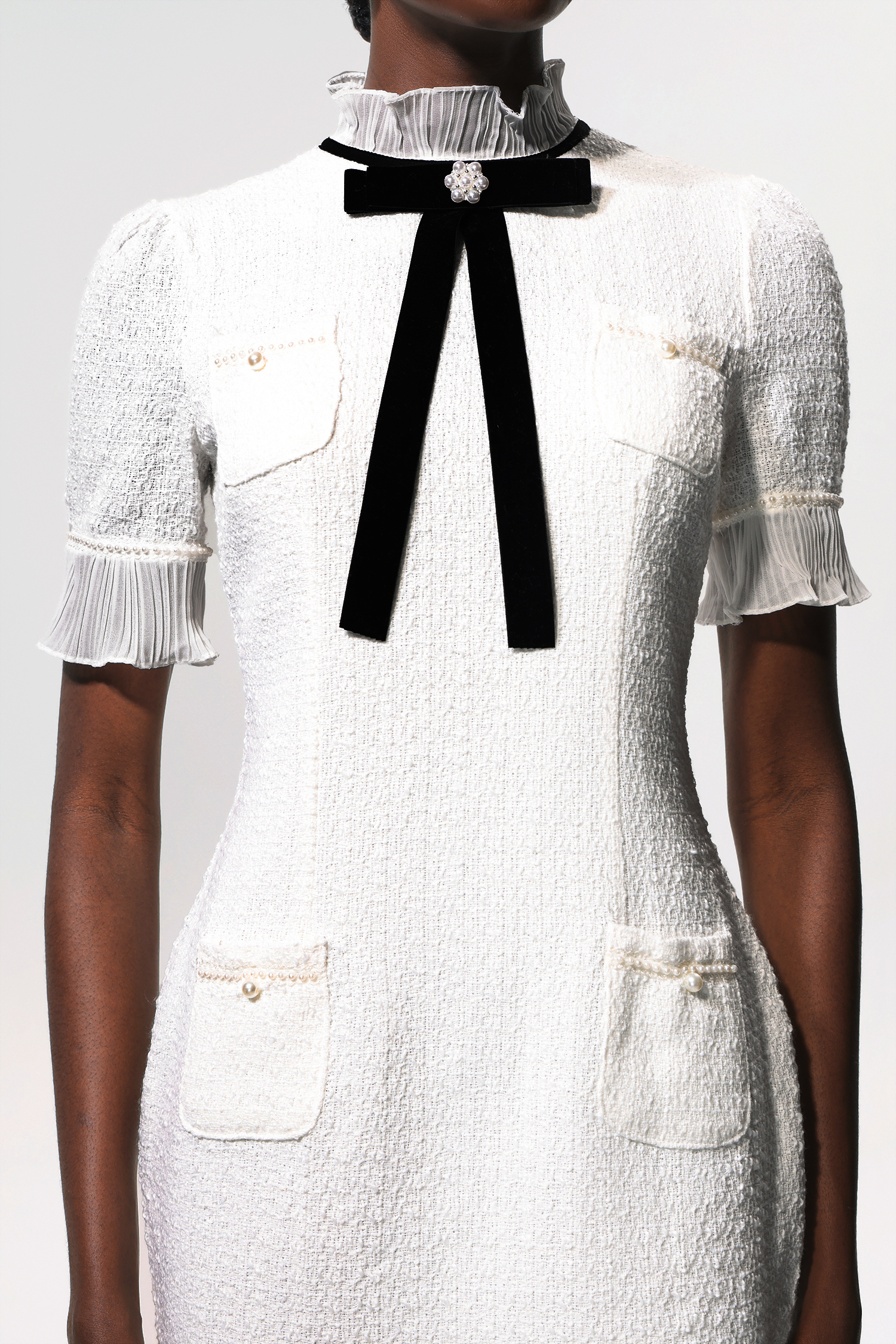 Vedasa Bowknot Pearls Button Tweed Midi Dress