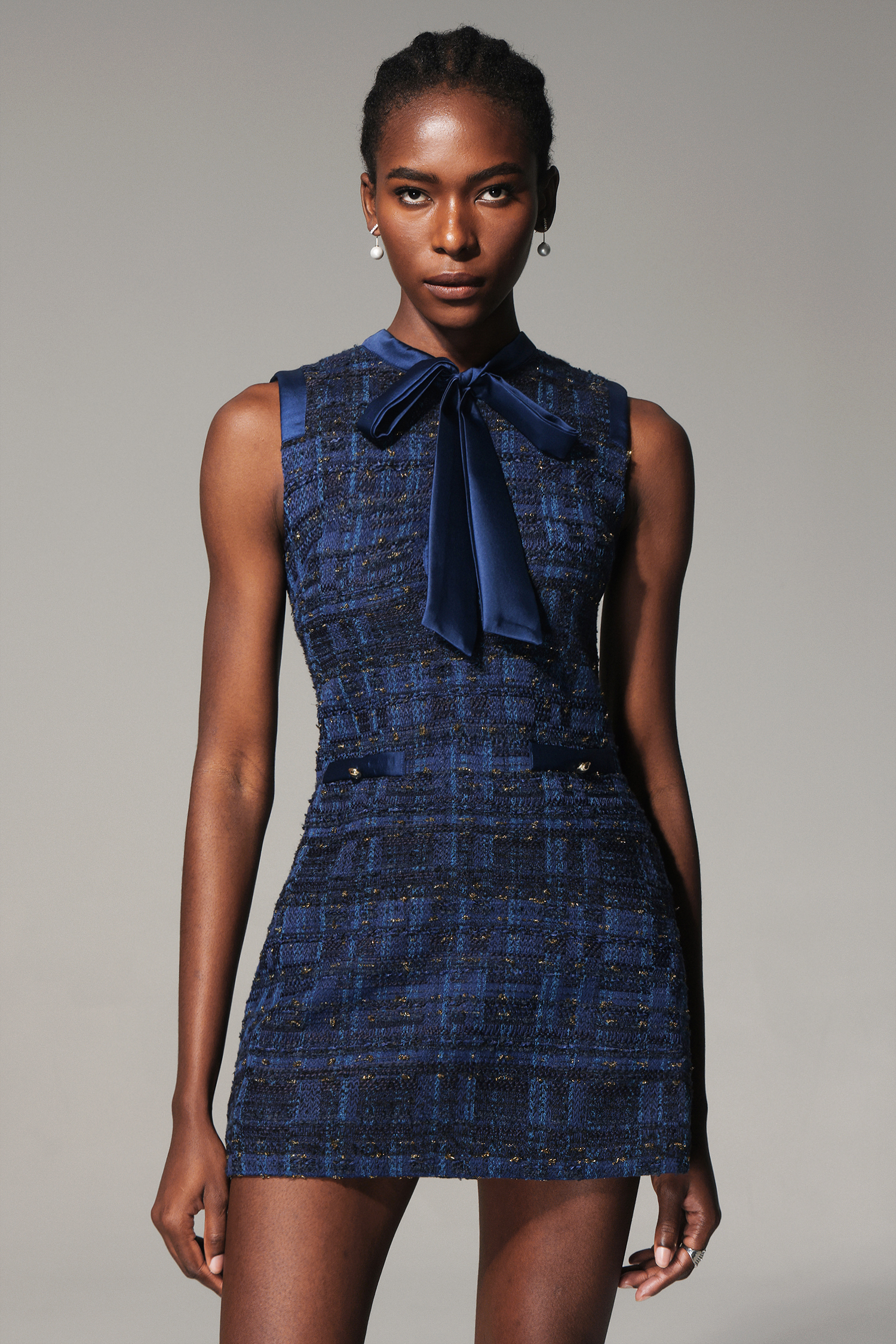 Juny Sleeveless Bowknot Tweed Mini Dress
