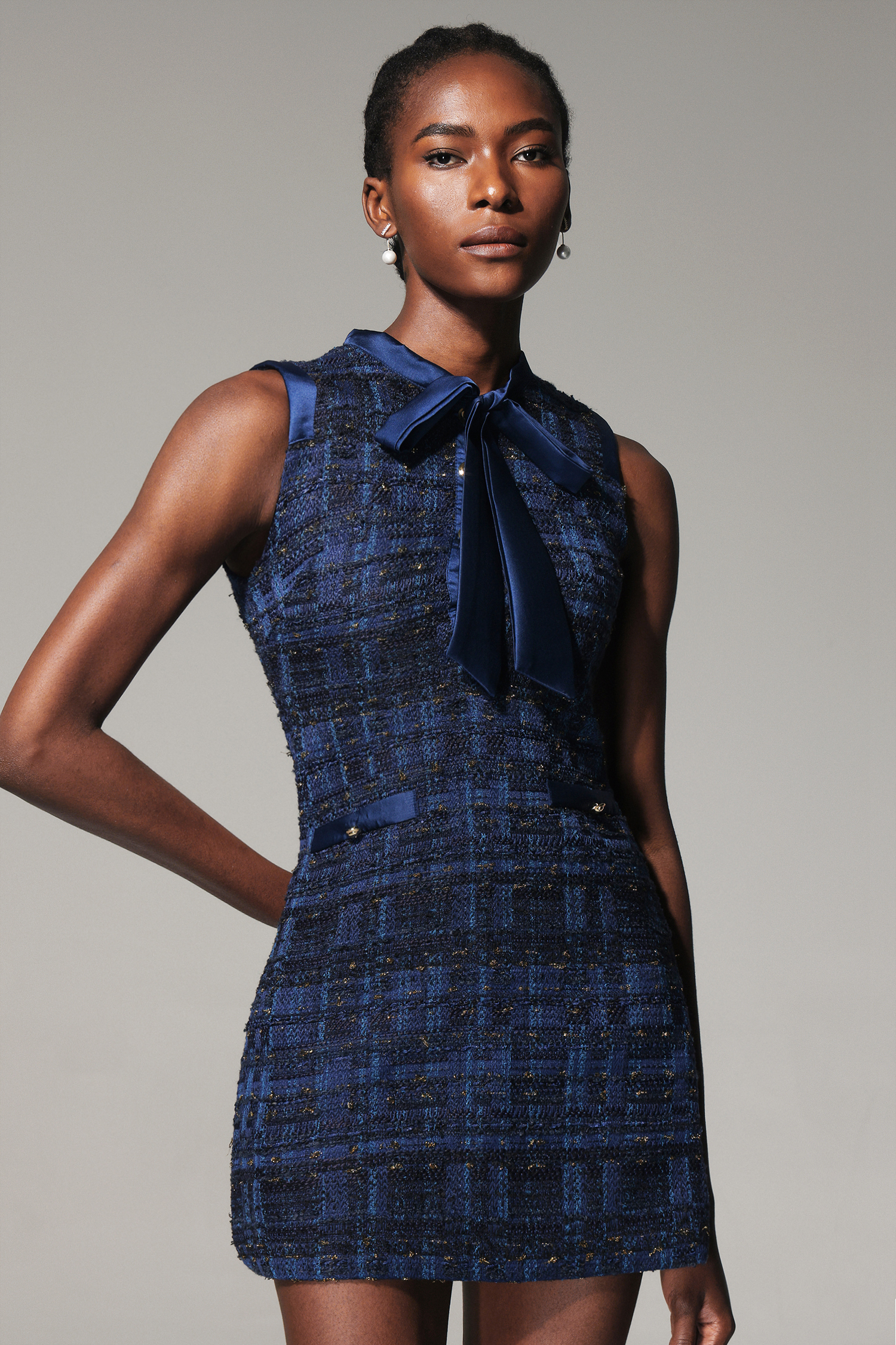 Juny Sleeveless Bowknot Tweed Mini Dress