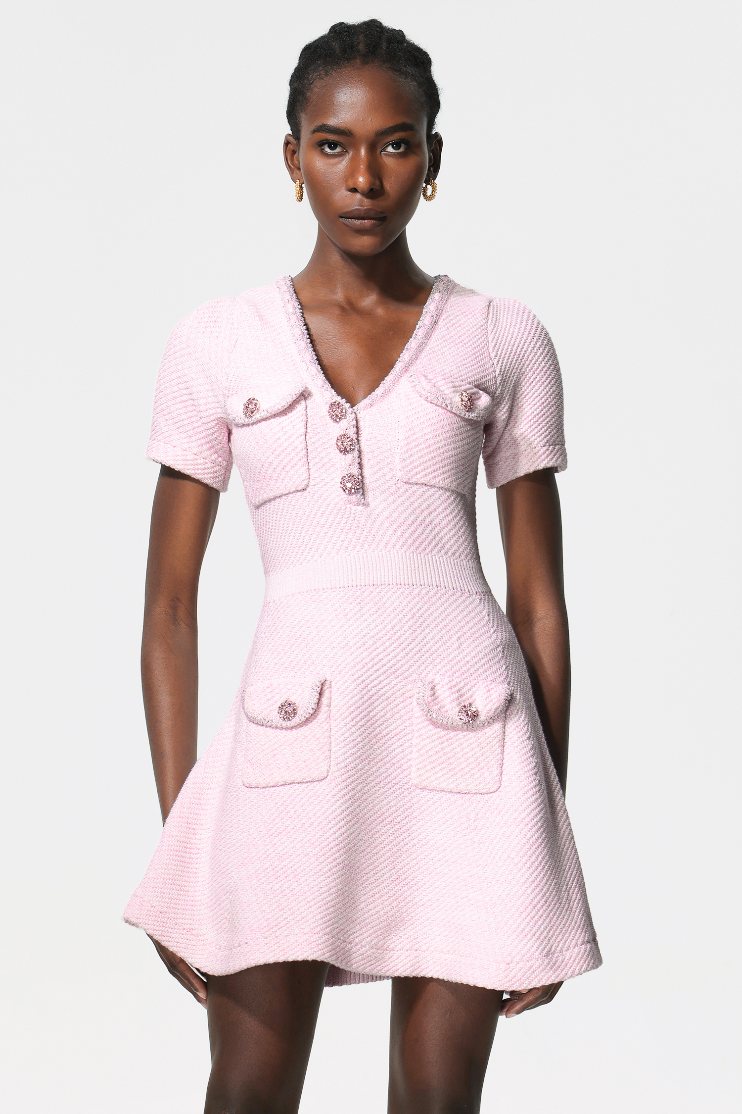 Sarada V Neck Diamond Short Sleeves Mini Dress