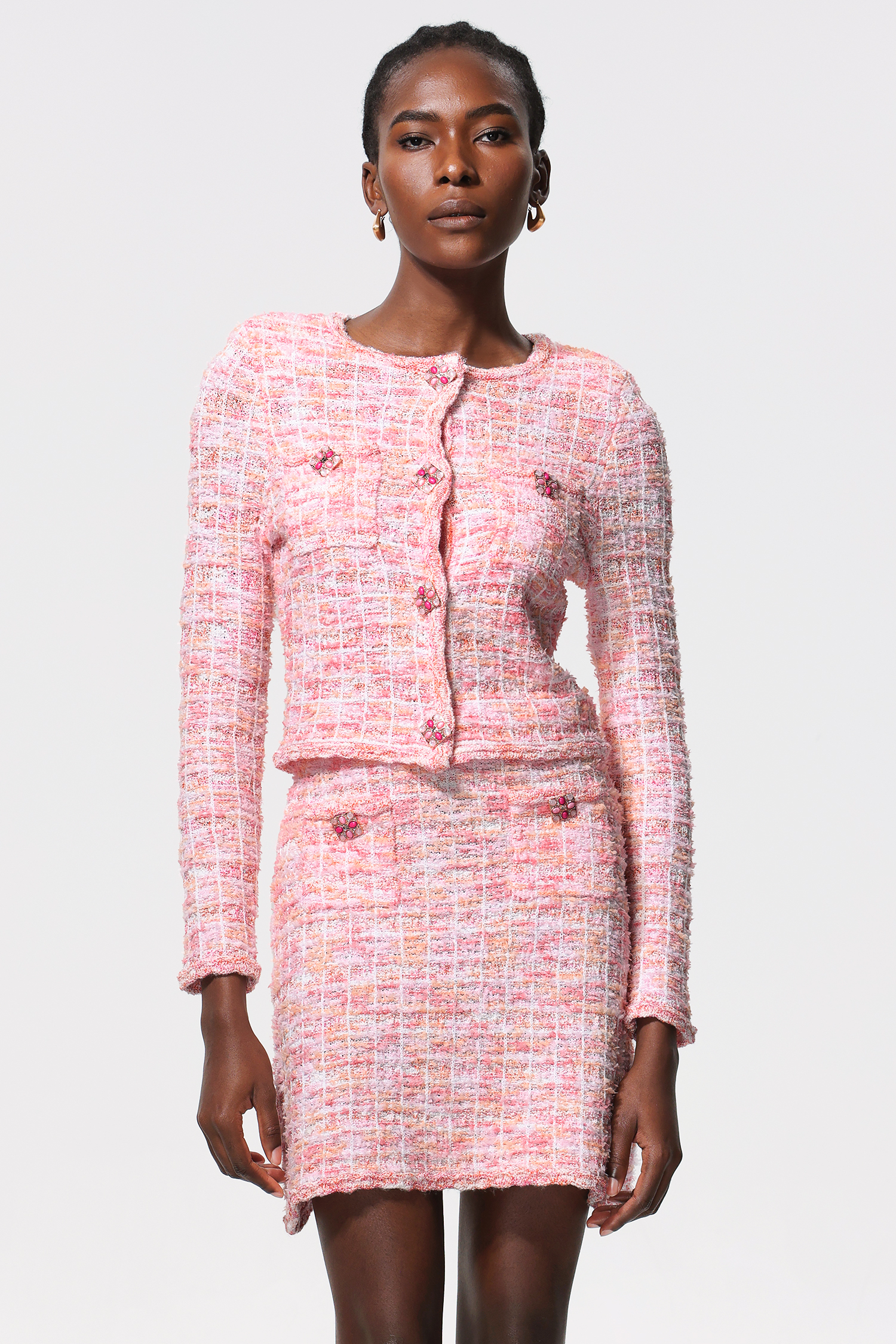 Salamo Diamond Button Tweed Top And Skirt Two-Piece Set