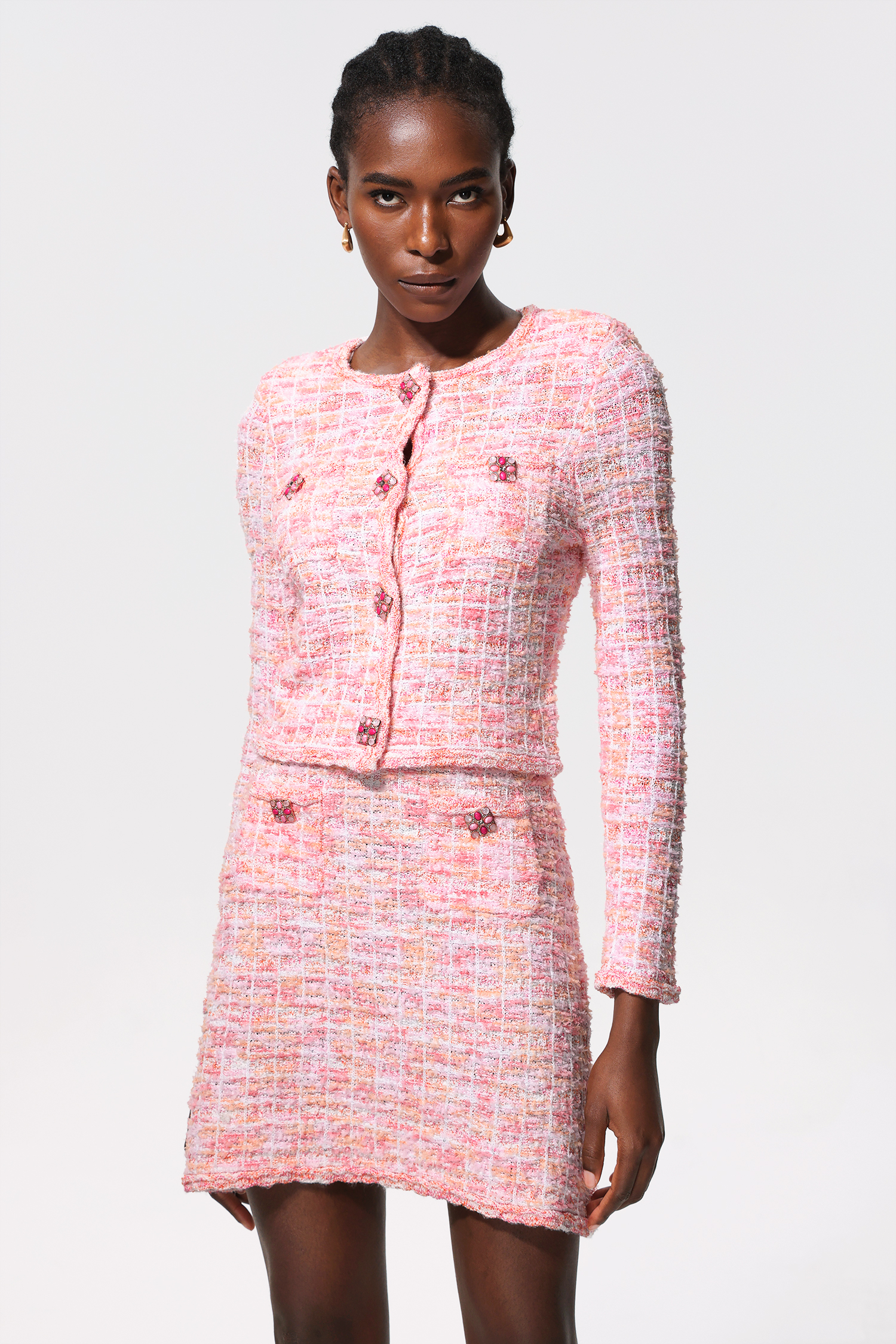 Salamo Diamond Button Tweed Top And Skirt Two-Piece Set