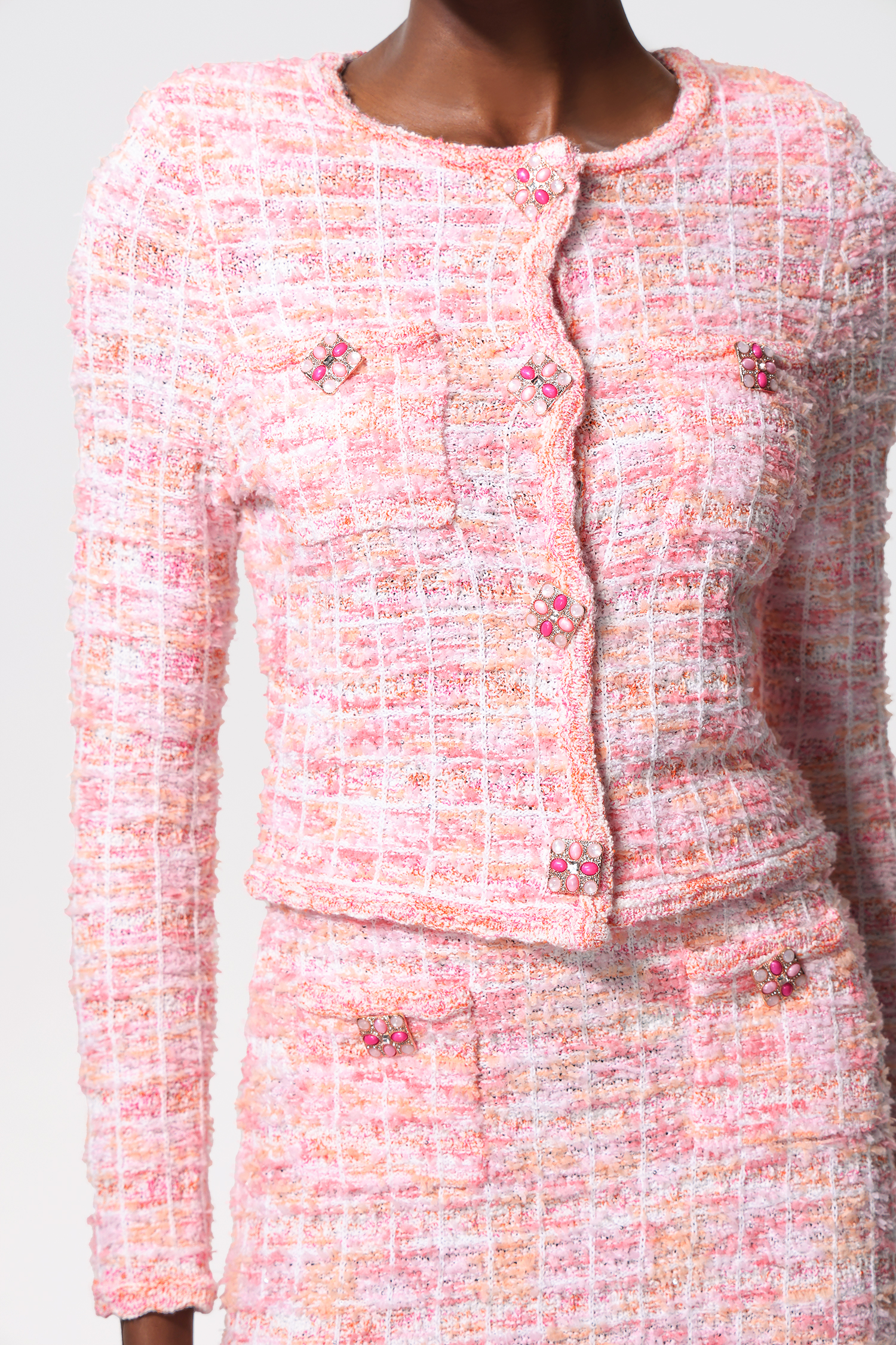 Salamo Diamond Button Tweed Top And Skirt Two-Piece Set