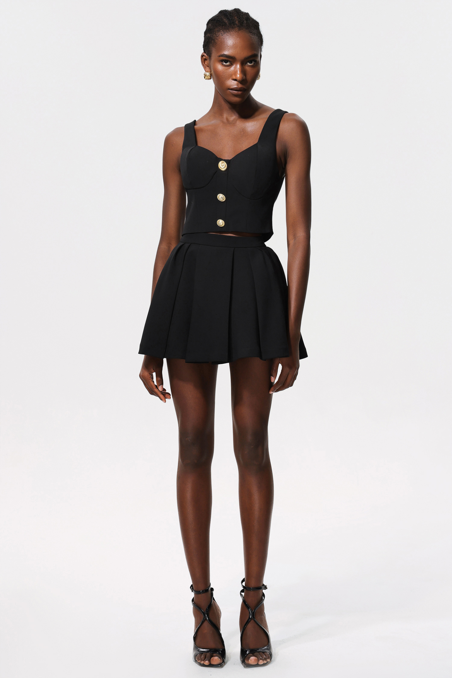 Winni Sleeveless Gold Button Top And Skirt Two-Piece Set
