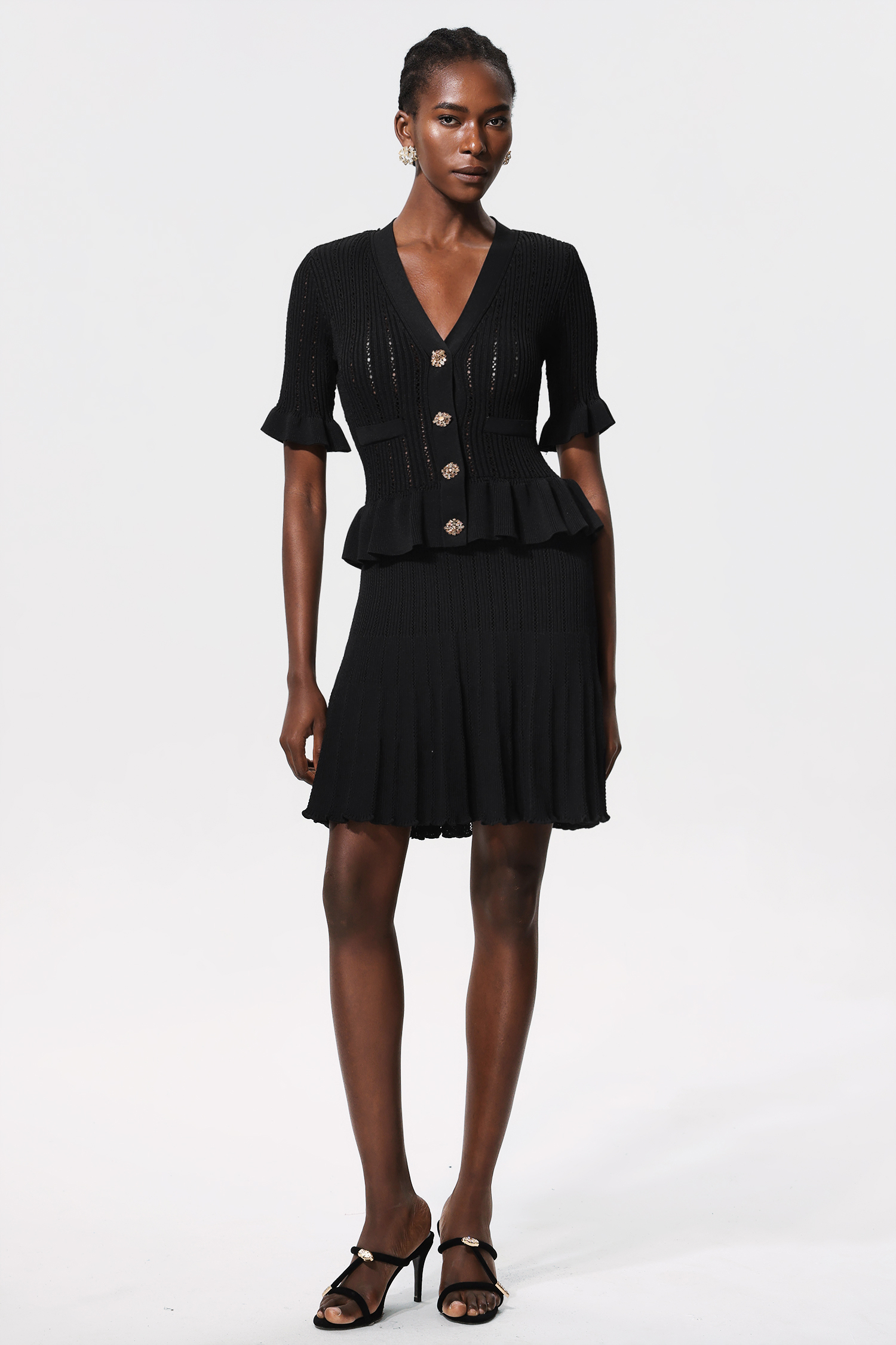 Miopa V Neck Short Sleeves Diamond Button Folds Mini Dress