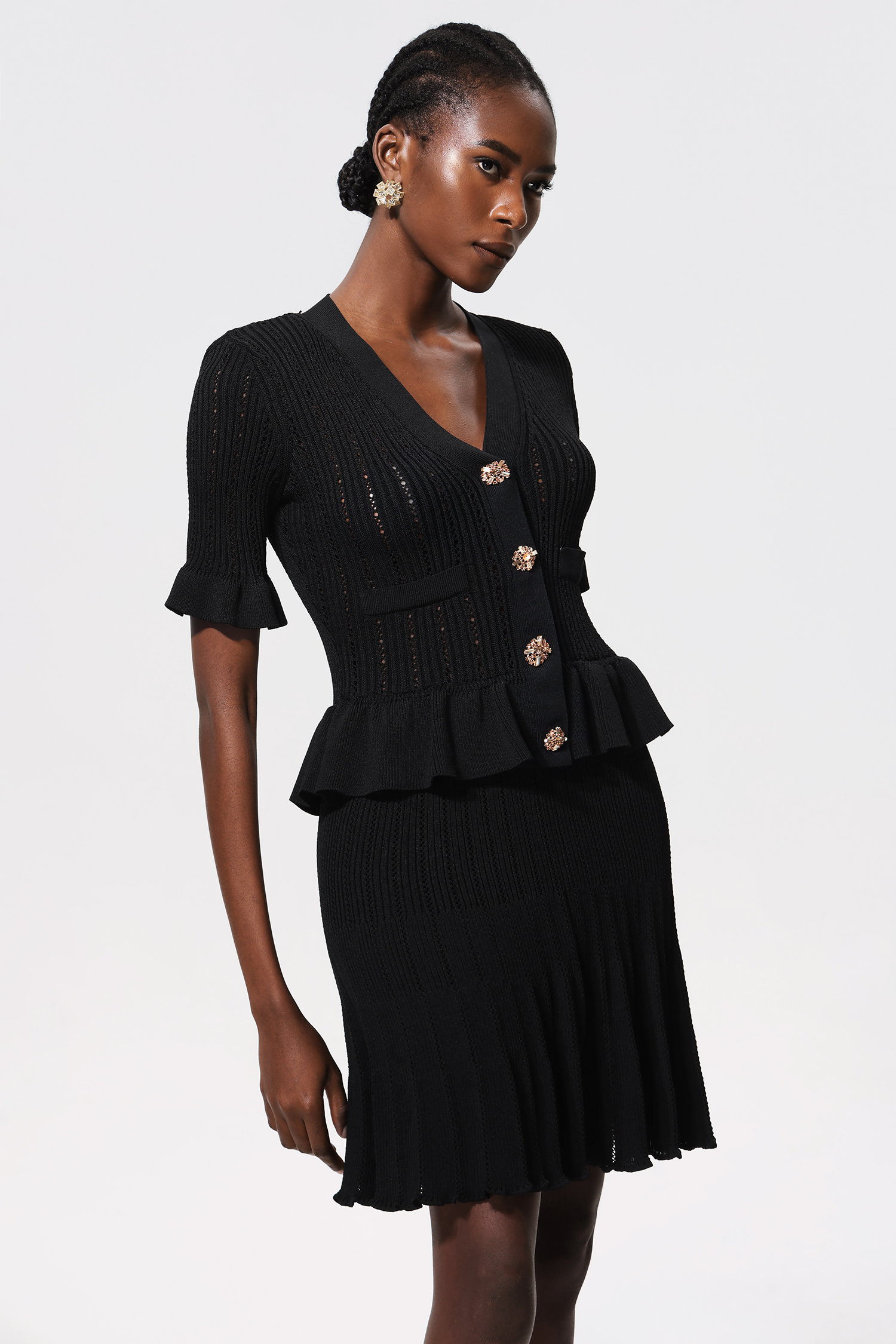 Miopa V Neck Short Sleeves Diamond Button Folds Mini Dress
